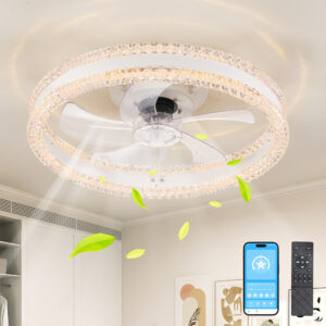 20 Luxury Double Ring LED Ceiling Fan With Light Modern Flush Mount Design, Hidden Blades, Dimmable Lighting & Remote Control, Low Profile Silent Fan For Bedroom, Living Room White