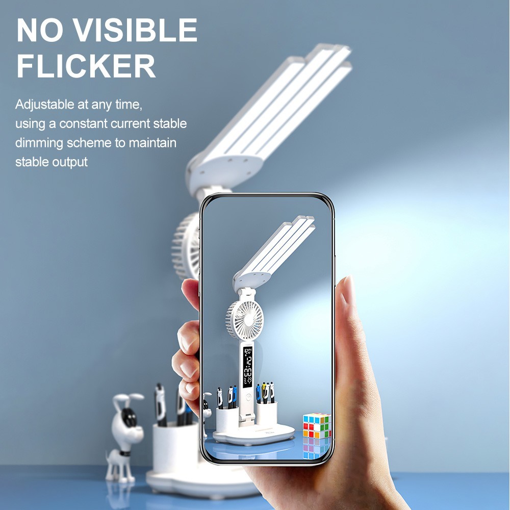 4-Head LED Desk Reading Lamp With Fan Clock Dimmable Rechargeable Touch Light - Image 10