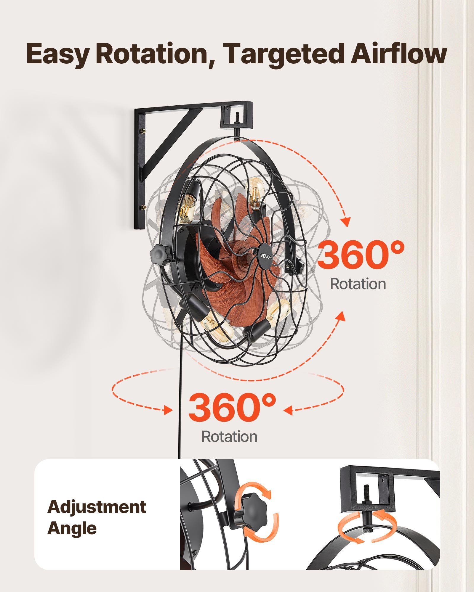 Wall Mounted Fan With Lights, 21 Inch Wall Mount Fan With Remote, 6 Speeds Plug In Wall Fan, Timer, 360 Adjustable Tilt For Bedroom,Garage,Workshop Compatible 4 E26 Bulb Sockets,No Bulb - Image 5