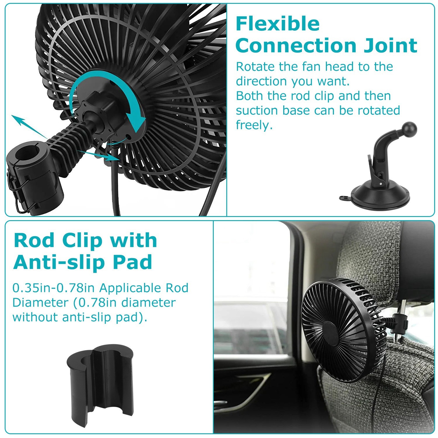 1Pc Car Cooling Fan Portable Rotatable USB Vehicle Fan Backseat Clip Fan Dashboard Window Suction Fan For SUV RV Pickup With 3 Speeds - Image 5