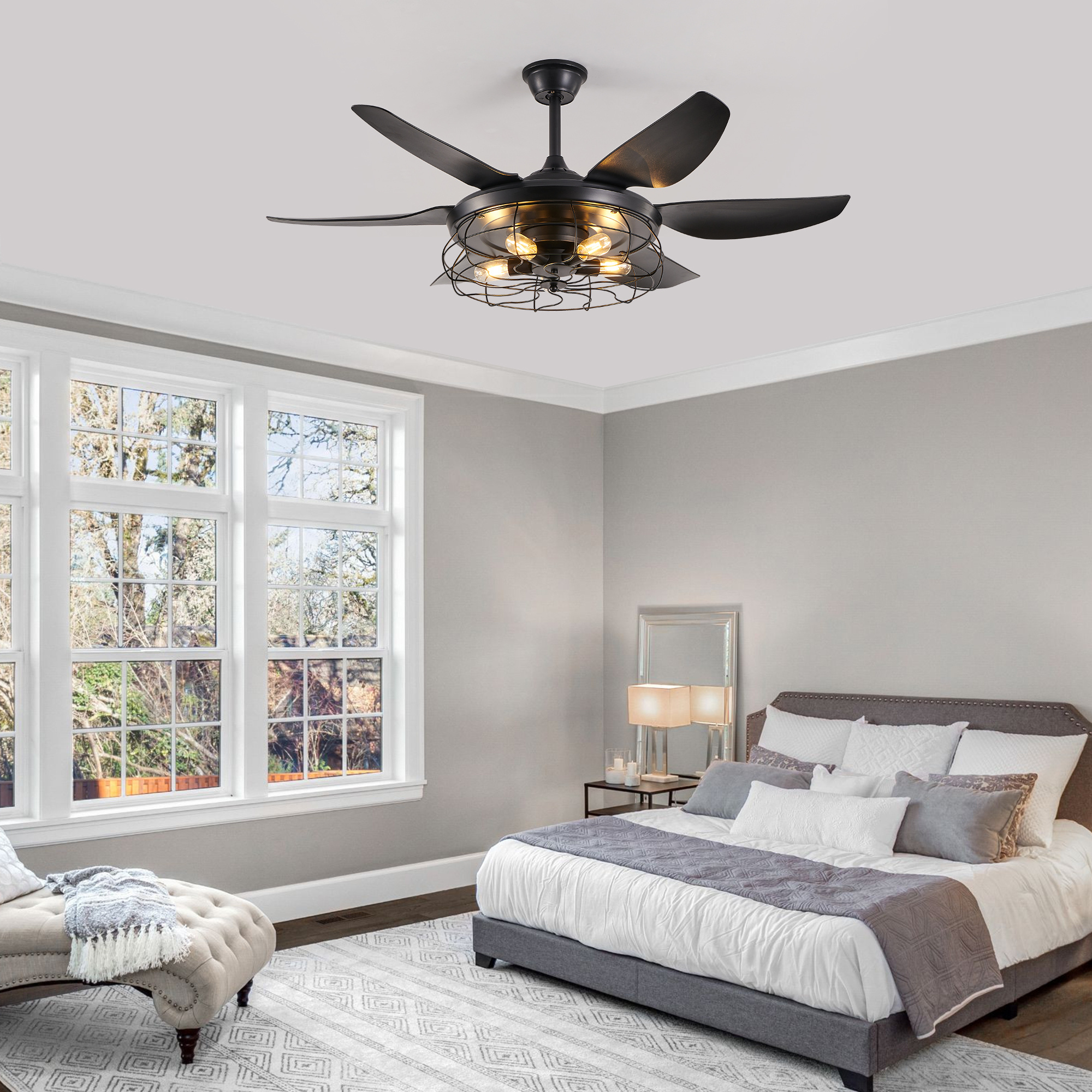 52 Modern Black Ceiling Fan With Light, 6 Fan Blades And Industrial Cage Design, Adjustable Speed For Living Room, Bedroom, Dining Room Silent 6-Speed Reversible DC Motor Bulb Not Included - Image 3