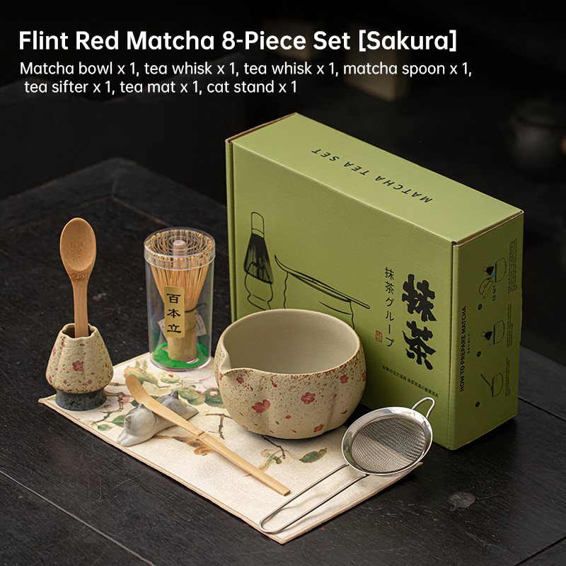 2-8PCS Japanese Flint Red Matcha Set: Bamboo Whisk, Bowl, Box – Exquisite Tea Tools Gift - Image 4