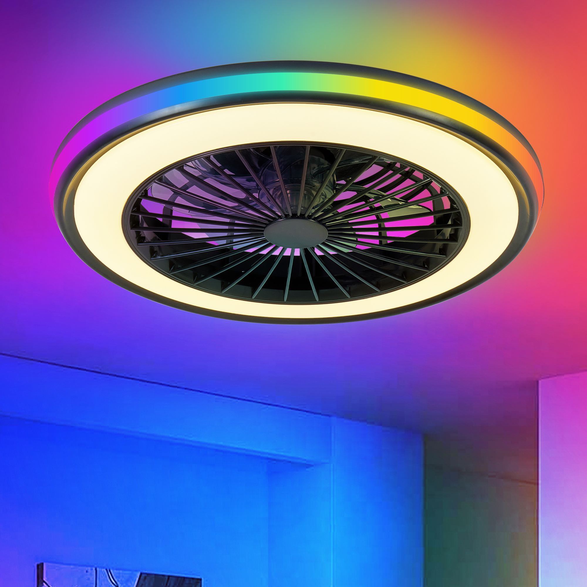 Modern LED Ceiling Light With Fan, RGB Ceiling Fan Lights, Infinitely Dimmable Light ForLiving Room, Bedroom, Office, 3000-4500-6000 K Black & 20 & RGB