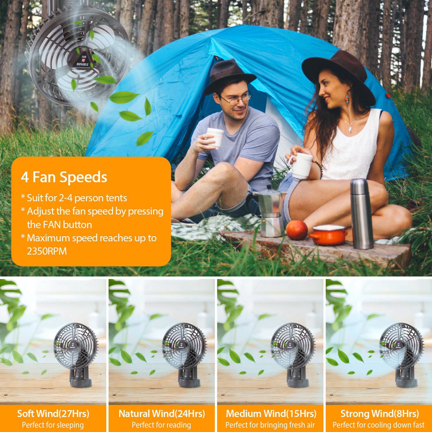 1Pc 10400mah Portable Camping Fan With LED Light Rechargeable Tripod Tent Hanging Fan Lantern Portable Foldable Oscillating Table Fan With 3 Brightness 4 Speeds - Image 6