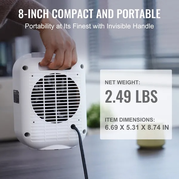 VEVOR Portable Electric Space Heater With Thermostat, 1000W 1500W 2-Level Adjustable Quiet Ceramic Heater Fan, 9 In Tip-Over Shutdown Flame-Retardant PP Small Heaters For Office Room Desk Indoor Use B - Image 6
