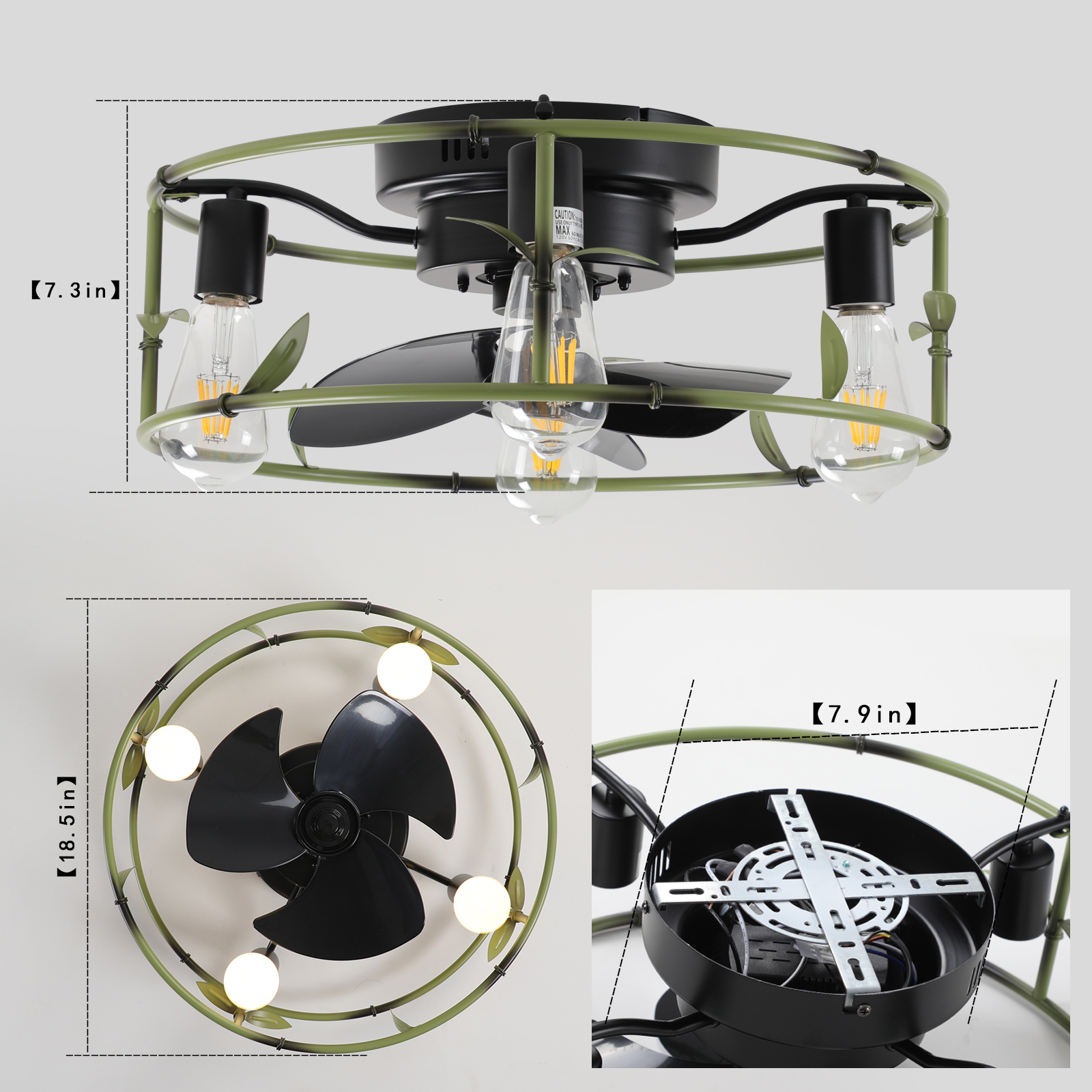 19 Green Industrial Ceiling Fan With Light - Flush Mount Caged Ceiling Fan With Remote, 3-Light Rustic Ceiling Fan, Silent 6-Speed Reversible DC Motor For Bedroom, Living Room Bulb Not Included - Image 2