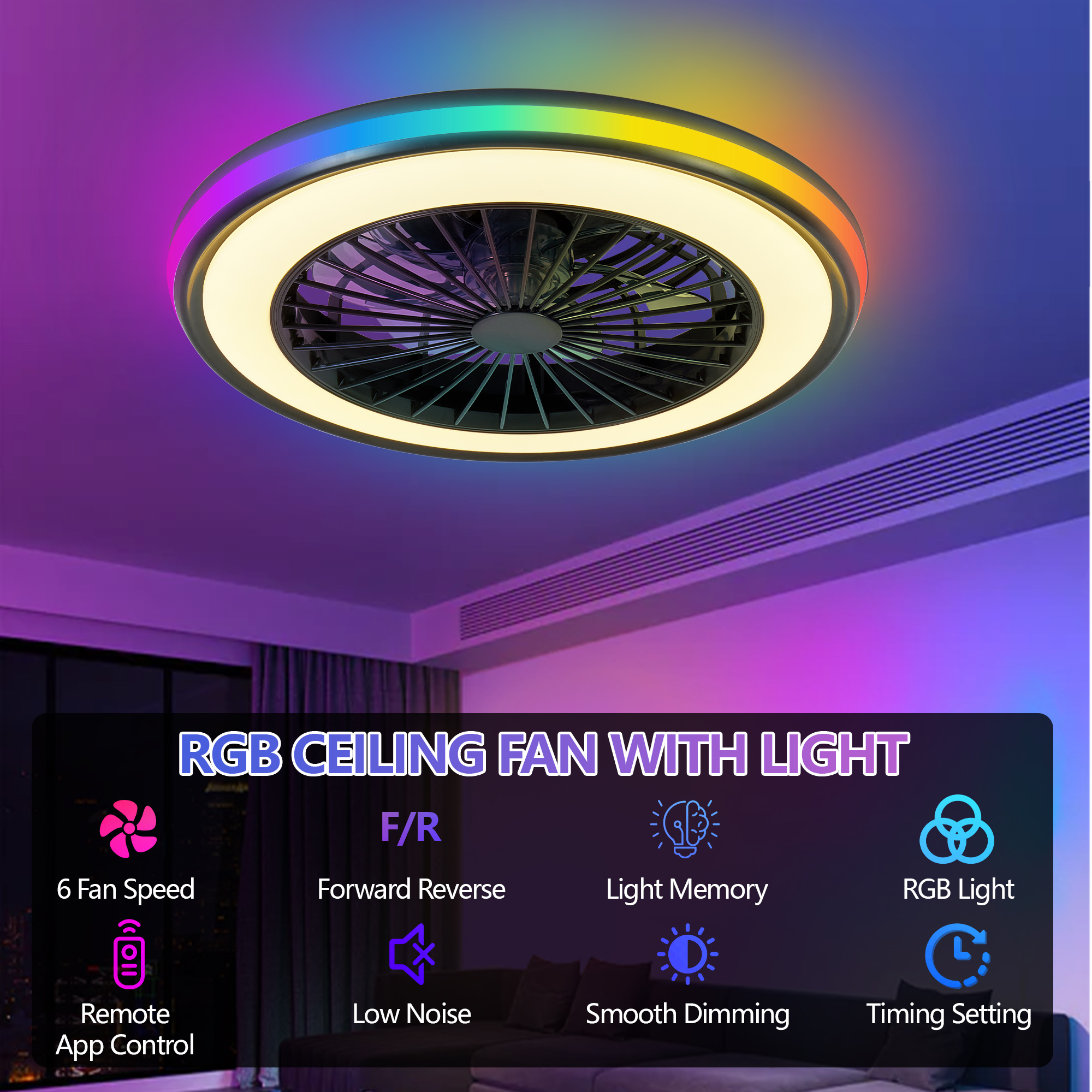 Modern LED Ceiling Light With Fan, RGB Ceiling Fan Lights, Infinitely Dimmable Light ForLiving Room, Bedroom, Office, 3000-4500-6000 K Black & 20 & RGB - Image 6