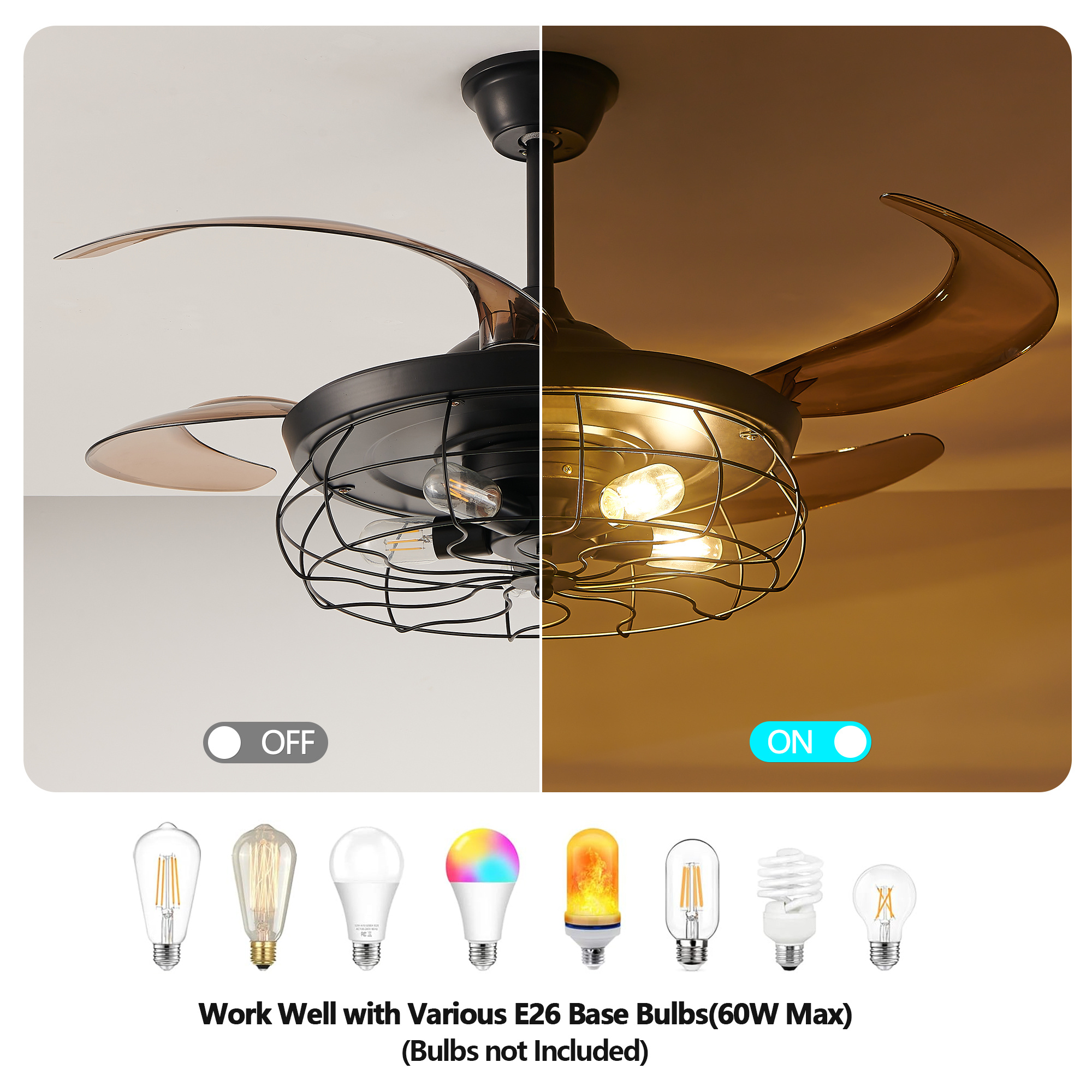 48 Black Remote Control Ceiling Fan Light Industrial 4-Blade Fan With Cage Design And Adjustable Speed For Living Room, Bedroom, Or Office Silent 6-Speed Reversible DC Motor Bulb Not Included - Image 9