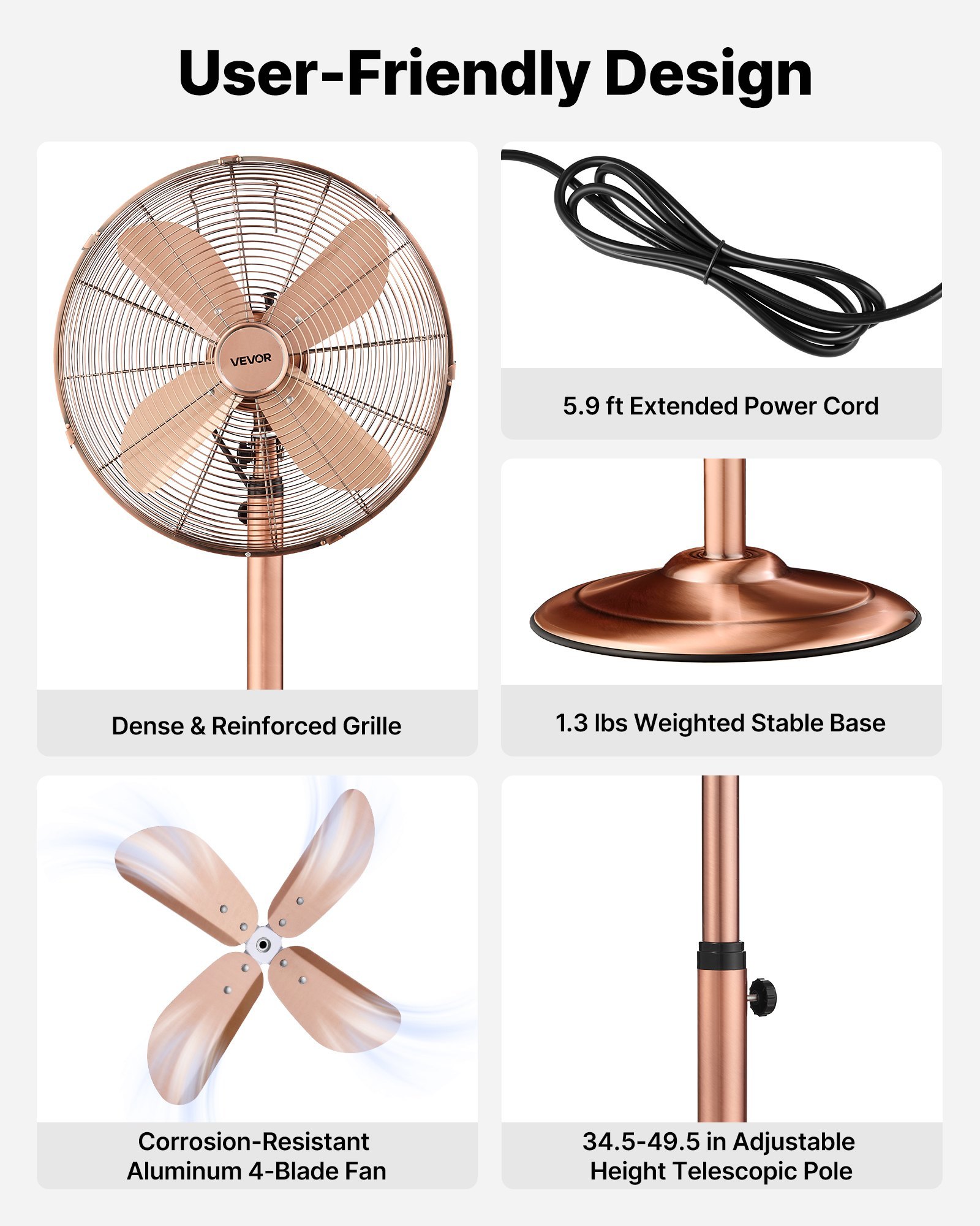 16-Inch High Velocity Pedestal Fan, 1450 CFM Industrial Standing Floor Fan With Handle, 75° Oscillating, 3-Speed Adjustable Height, Metal Made For Commercial, Garage, Workshop, Home, Copper - Image 5
