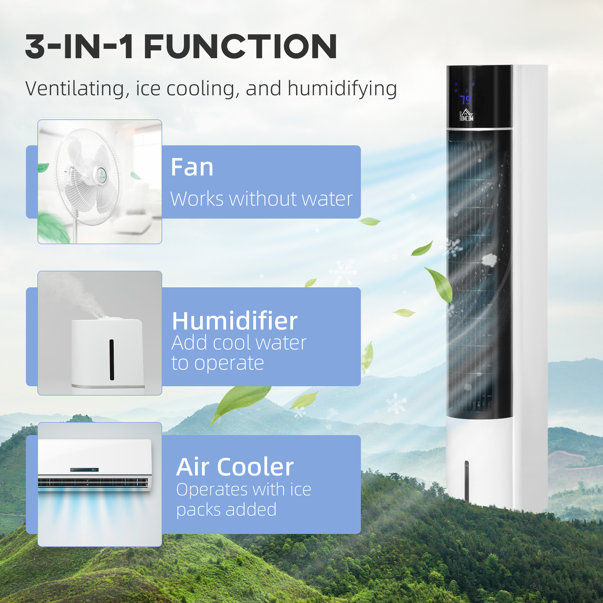 42" 3-In-1 Evaporative Air Cooler With Water Tank, 52° Oscillating Portable Swamp Cooler With Humidifier, Ice Cooling Fan For Home Office, 3 Modes, 3 Speeds, 12H Timer, Remote, White - Image 3