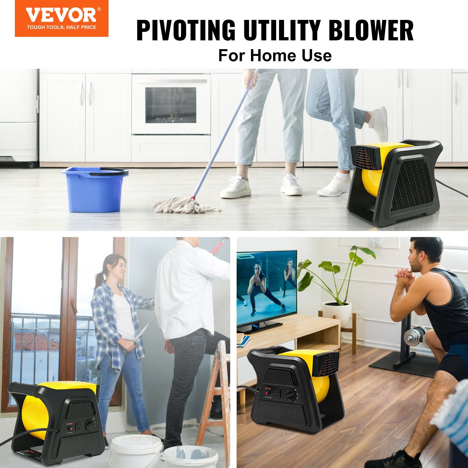 Pivoting Utility Fan, 600 CFM High Velocity Floor Blower For Drying, Cooling, Ventilating, Exhausting, 300° Blowing Angle Air Mover, Portable Carpet Dryer Fan For Home, Work Shop - Image 2