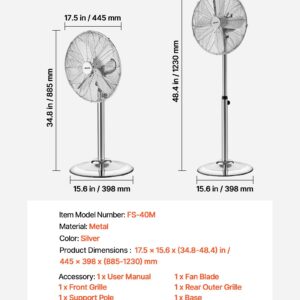 16-Inch High Velocity Pedestal Fan, 1450 CFM Industrial Standing Floor Fan With Handle, 75° Oscillating, 3-Speed Adjustable Height, Metal Made For Commercial, Garage, Workshop, Home, Silver