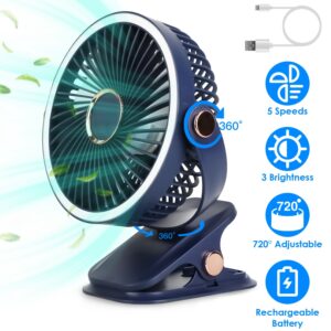 3 Color Options — 1Pc Portable Quiet Clip On Fan With 5 Speeds 3 Brightness 720 Degree Fully Adjustable Angle Type-C Rechargeable Clip Desk Wall Mounted Fan For Camping Office Home Dorm Stroller Car