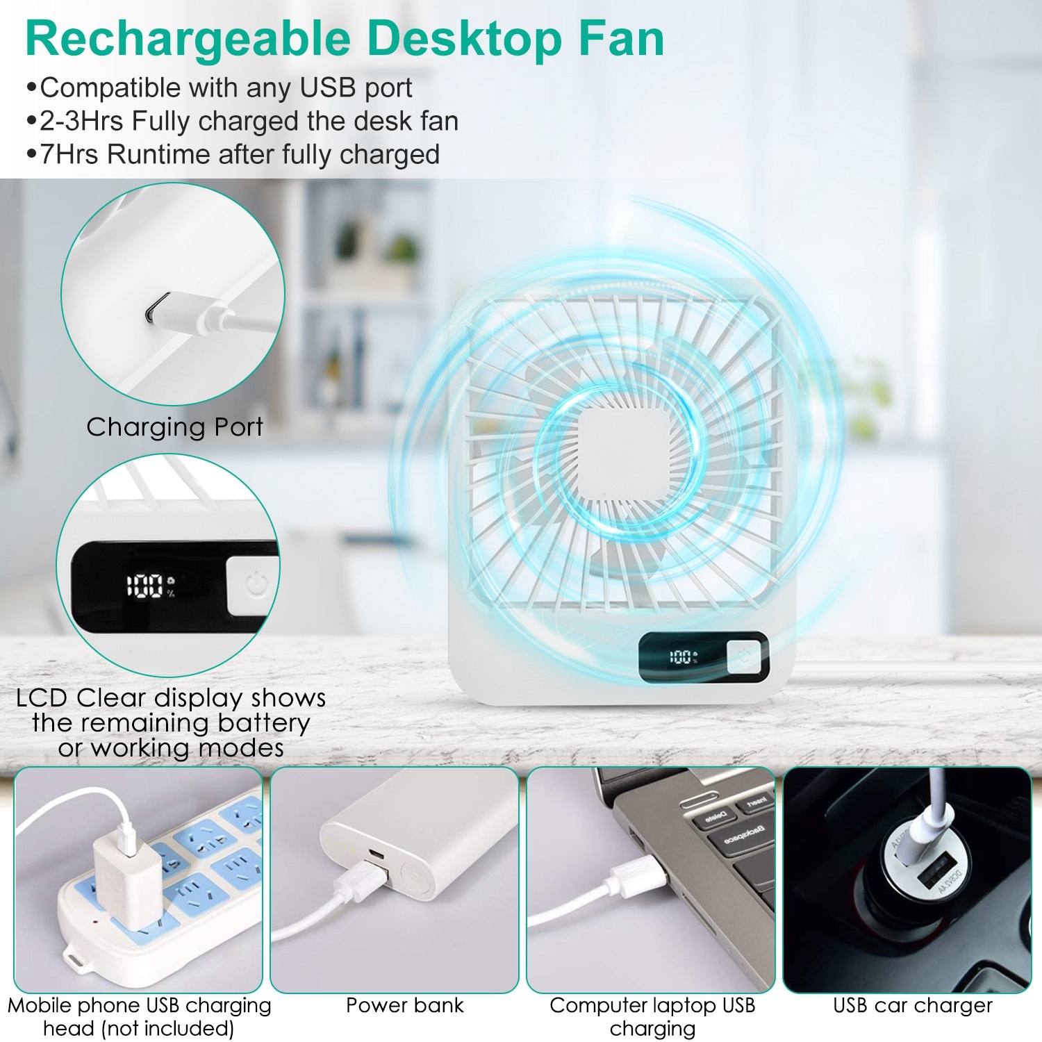 3 Colors Options -- 1Pc Mini Desktop Cooling Fan Rechargeable Battery Powered Personal Fan Speed Adjustment Strong Airflow Quiet Travel Fan With LCD Display For Home Office Travel - Image 8