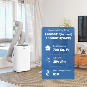 14000 BTU Portable Air Conditioner, Inverter & Dual Hose AC Unit W/ Cool, Dehumidifier, Fan, For 700 Sq. Ft, Window Kit