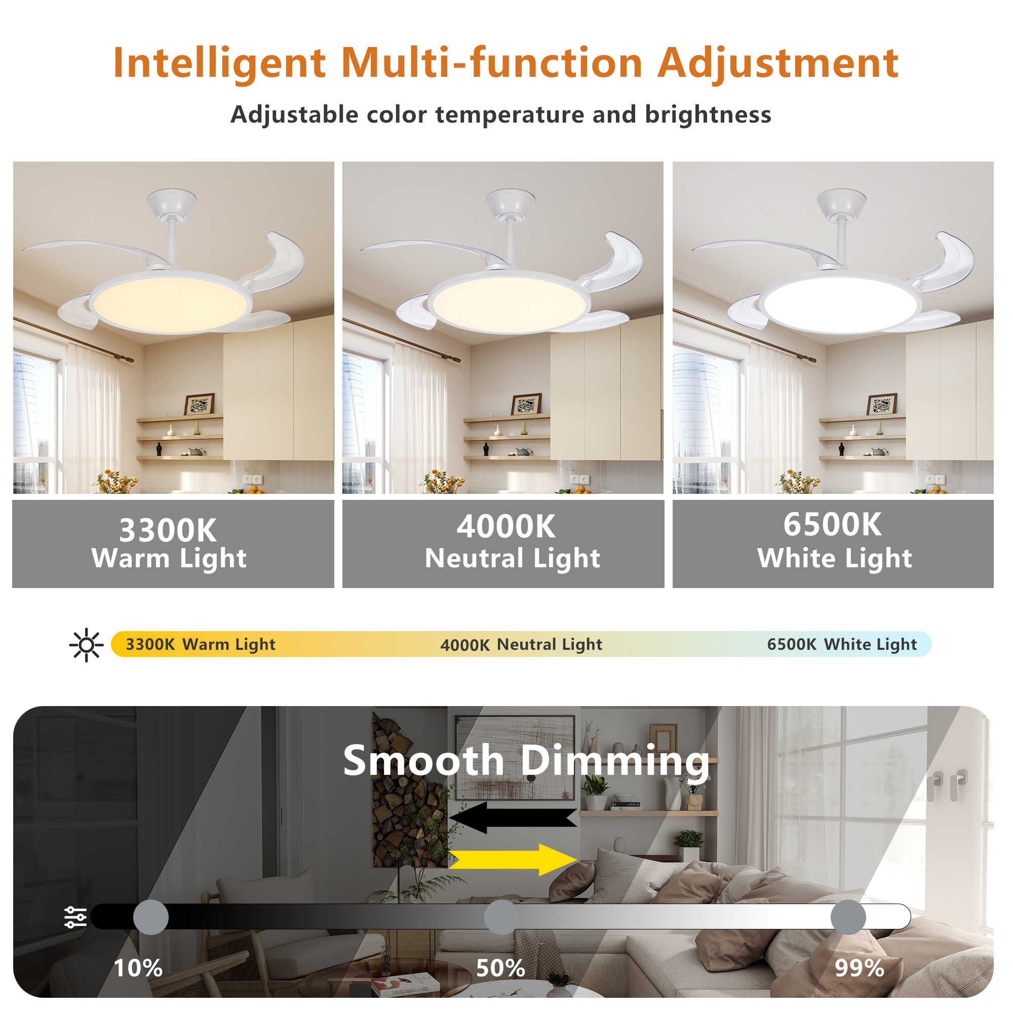 Retractable Ceiling Fans With Lights,42 Inch Ceiling Fan With Light And Remote Control,Flush Mount,DC Reversible,3CCT,Low Noise,White Ceiling Fan For Bedroom,Living Room,Kitchen,Indoor - Image 7