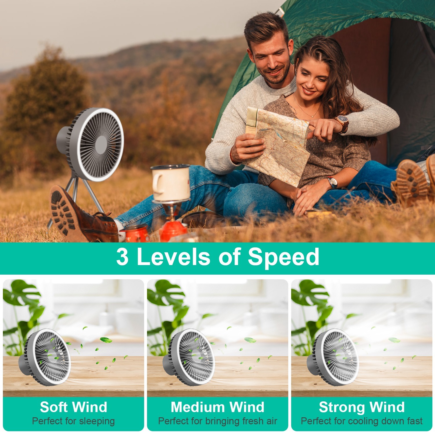 Camping Fan With Lantern Rechargeable Battery Powered Portable Tripod Fan For Tent With Hanging Hook Carabiner Emergency Power Bank Desk Fan With Timer Speed Brightness Setting - Image 9