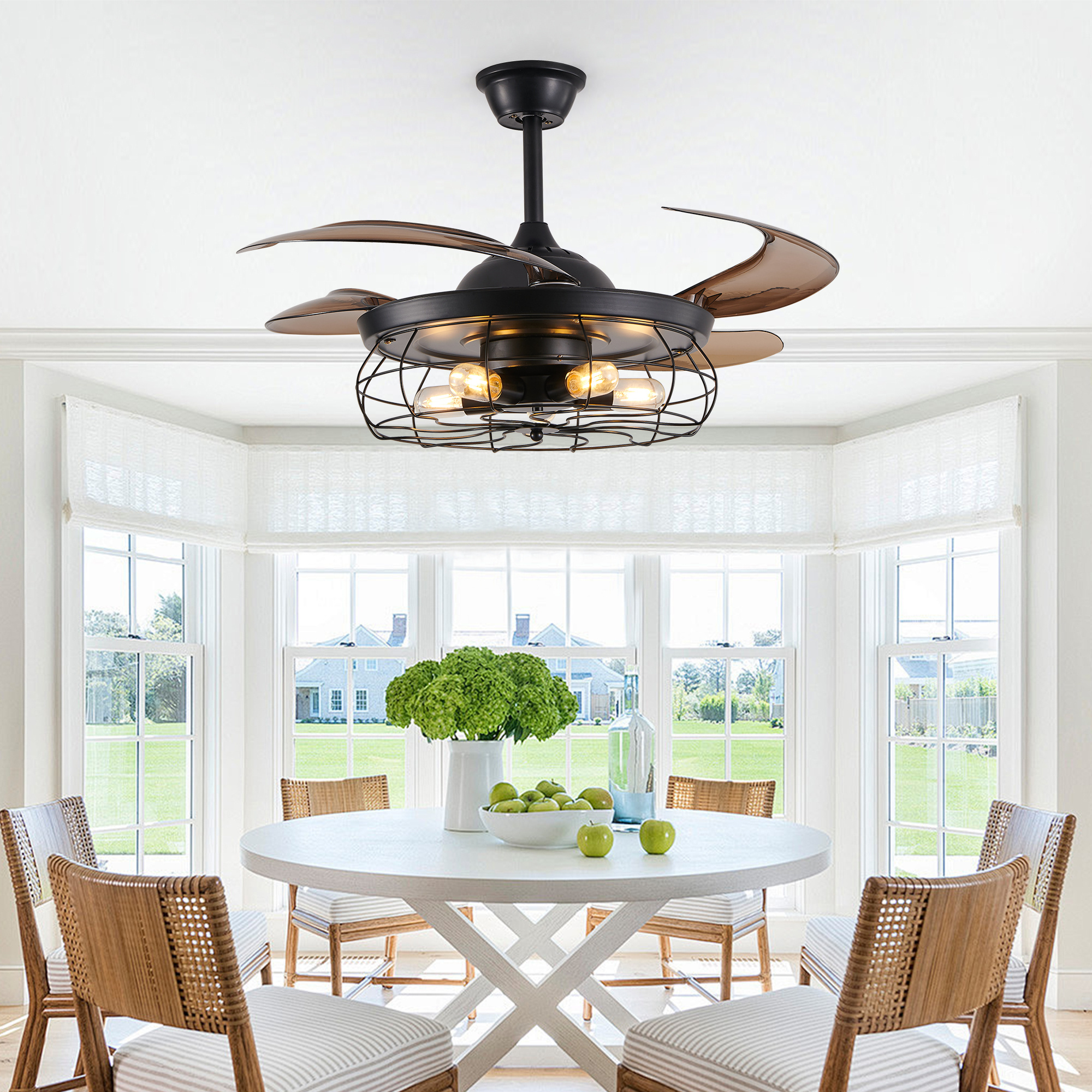48 Black Remote Control Ceiling Fan Light Industrial 4-Blade Fan With Cage Design And Adjustable Speed For Living Room, Bedroom, Or Office Silent 6-Speed Reversible DC Motor Bulb Not Included - Image 5