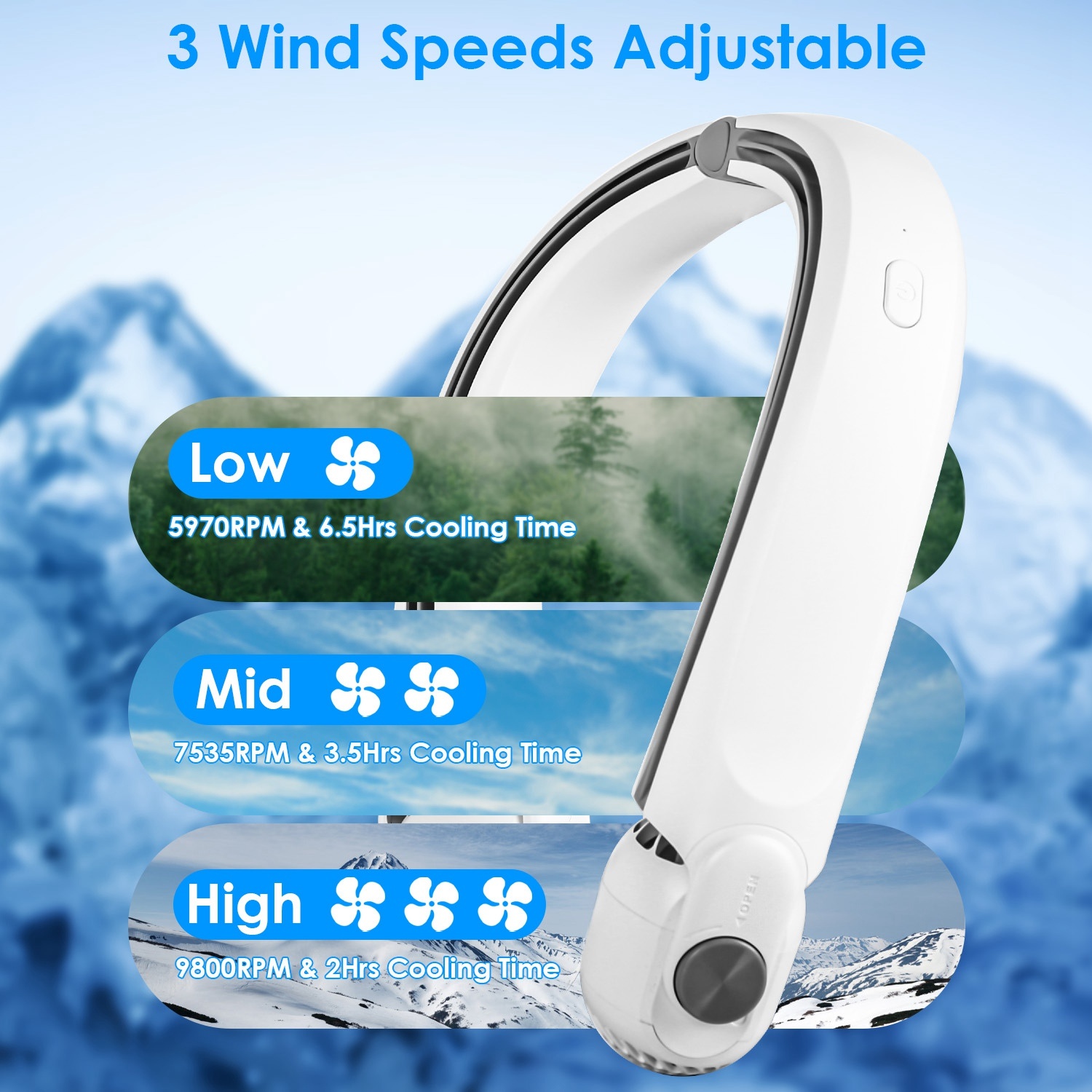 White-Green Options -- 1Pc Portable Neck Hanging Fan Hands-free Cooling Personal Fan With 3 Speeds 360 Degree Air Flow Adjustable Neck Width For Home Office Travel Dormitory - Image 10