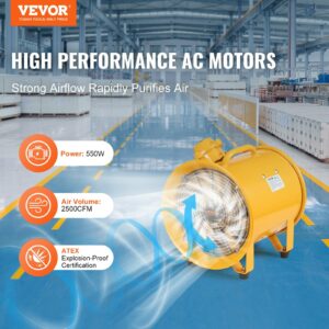 VEVOR Portable Ventilator, 12Heavy Duty Cylinder Fan, 550W Strong Shop Exhaust Fan 2500CFM, 9.8ft Power Cord No Charging Head Industrial Utility Blower For Sucking Dust, Smoke Home Workplace