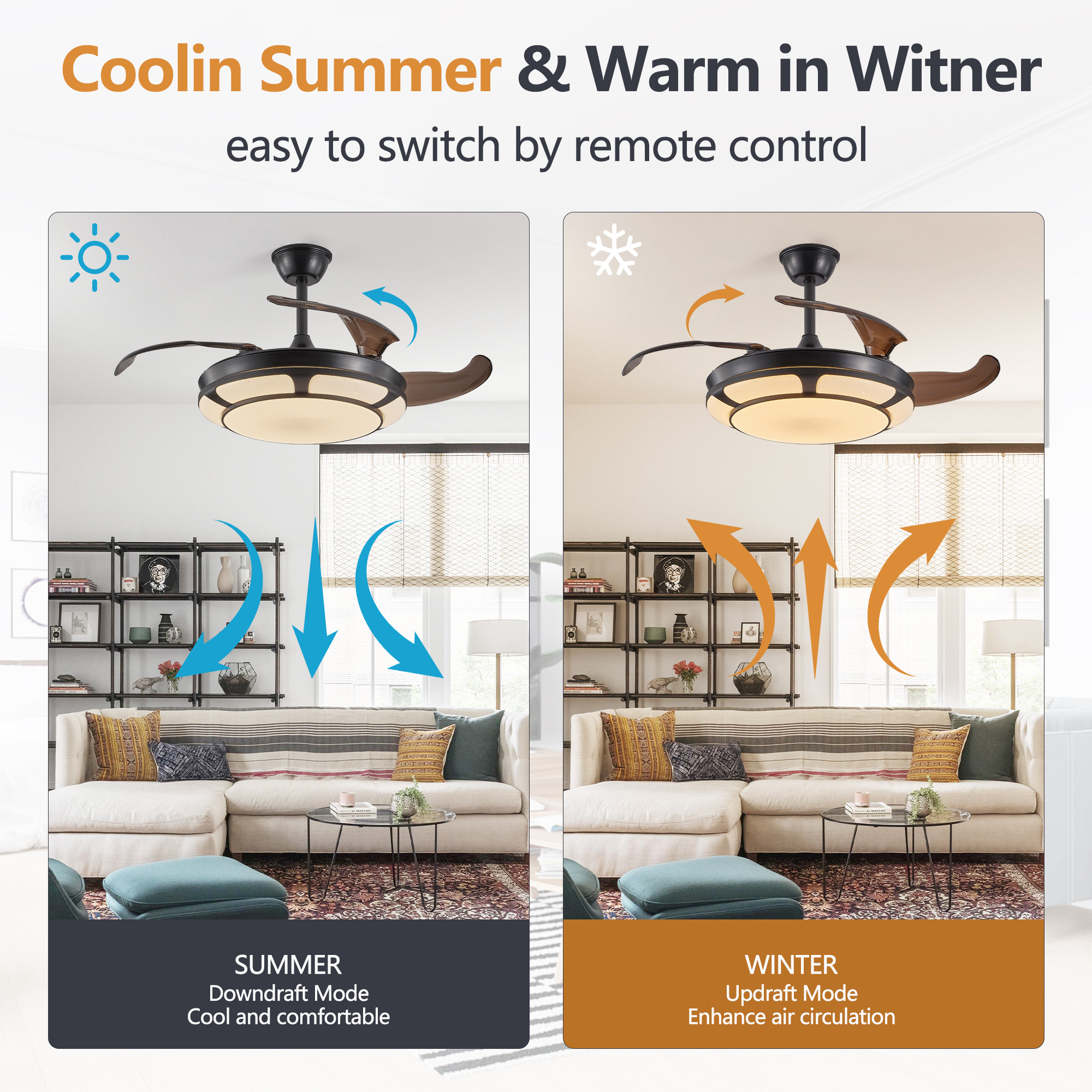 42 Retractable Ceiling Fan With Light, Modern LED Chandelier Fan With Remote Control, 6 Speed Adjustable Blades, Quiet DC Motor, Dimmable Lighting For Living Room, Bedroom, Dining Room - Image 10