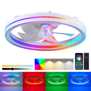 RGB Ceiling Fans With Lights, 19 Smart LED Ceiling Fan With Remote APP Control, Modern Low Profile Bladeless Chandelier Fan, Dimmable White Fandelier For Bedroom, Living Room, Kitchen