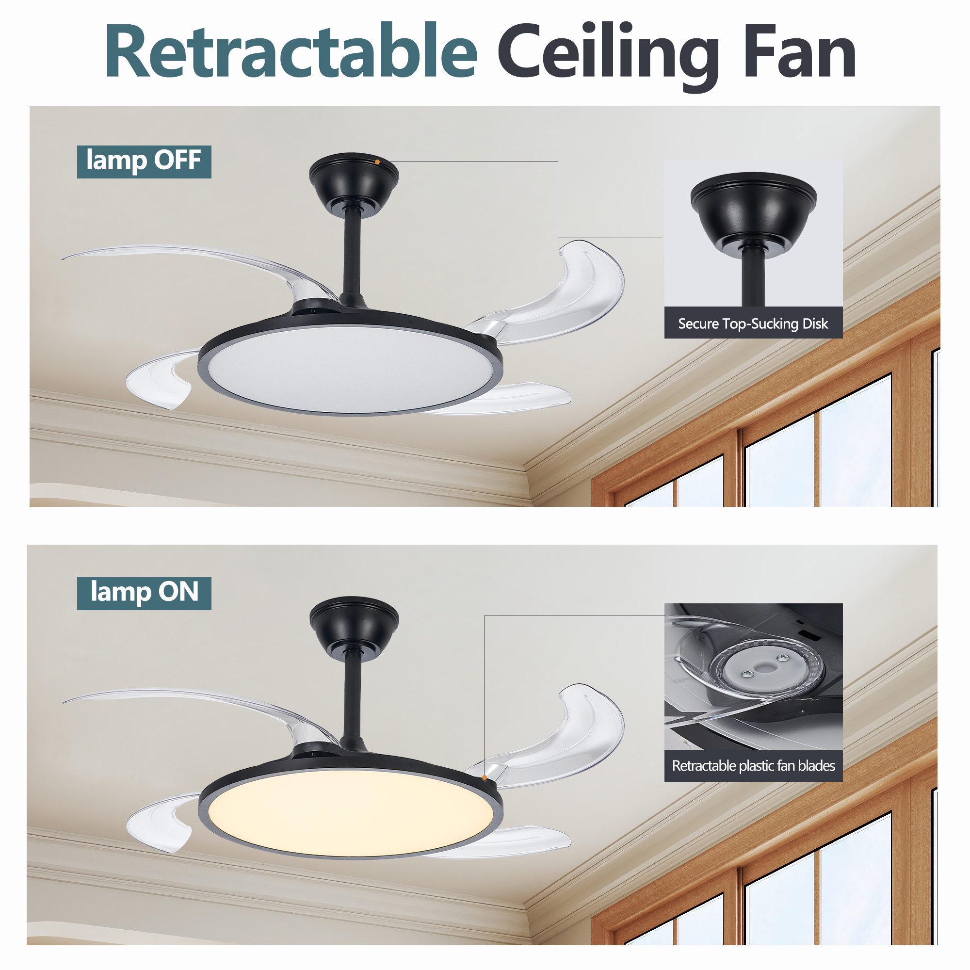 42 Inch Retractable Ceiling Fan,Low Profile Ceiling Fan With Light And Remote,Modern Black Fan With Retractable Blades For Dinning Room Living Room Bedroom,Dimmable,Timer Setting - Image 4