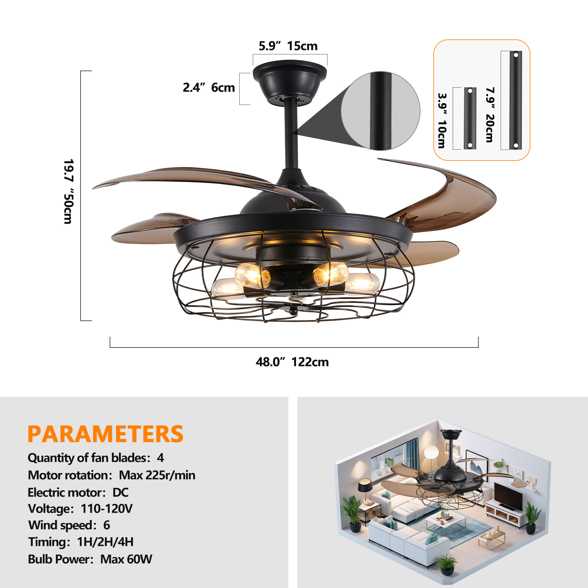 48 Black Remote Control Ceiling Fan Light Industrial 4-Blade Fan With Cage Design And Adjustable Speed For Living Room, Bedroom, Or Office Silent 6-Speed Reversible DC Motor Bulb Not Included - Image 3
