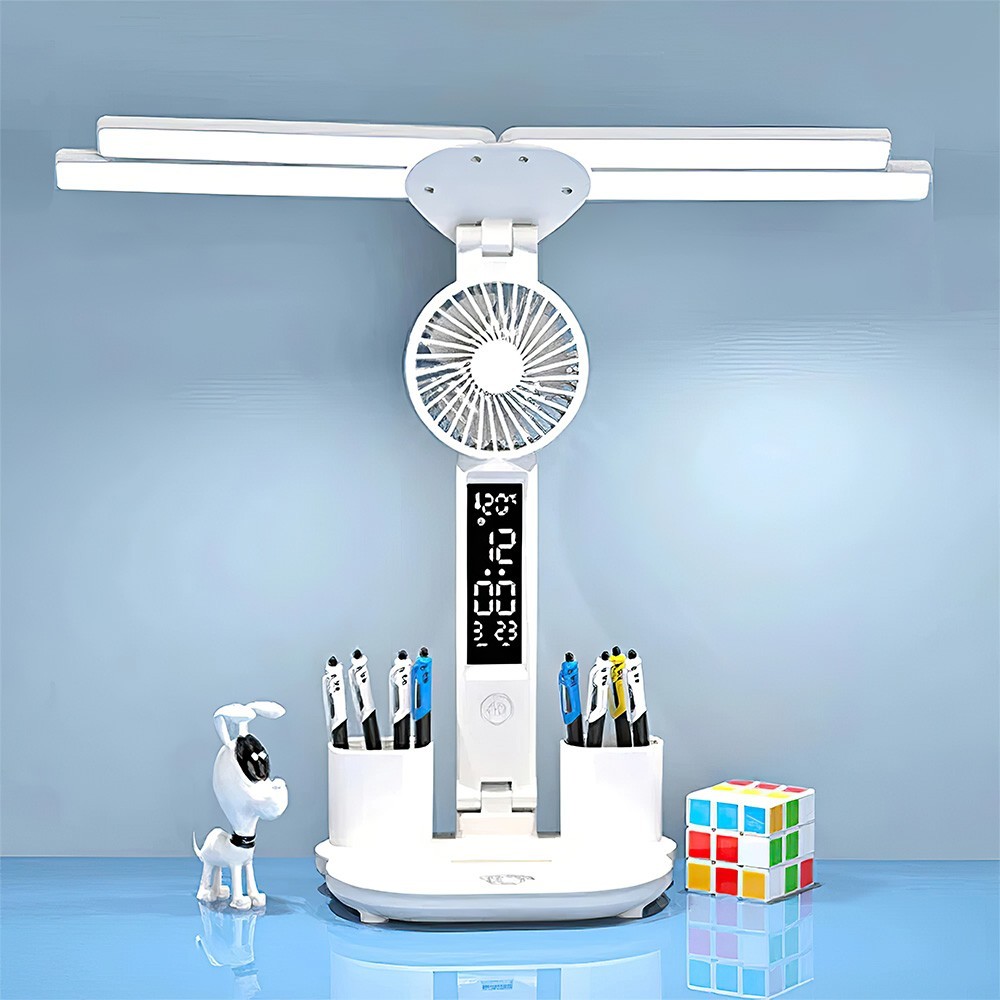 4-Head LED Desk Reading Lamp With Fan Clock Dimmable Rechargeable Touch Light - Image 6