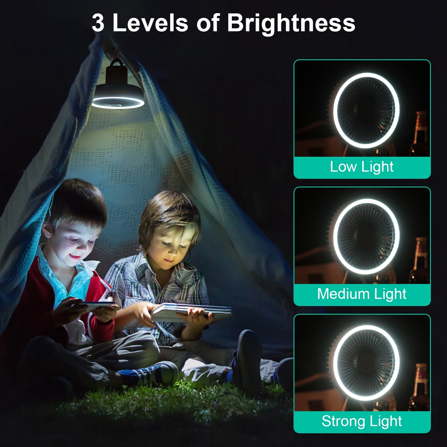 Camping Fan With Lantern Rechargeable Battery Powered Portable Tripod Fan For Tent With Hanging Hook Carabiner Emergency Power Bank Desk Fan With Timer Speed Brightness Setting - Image 5