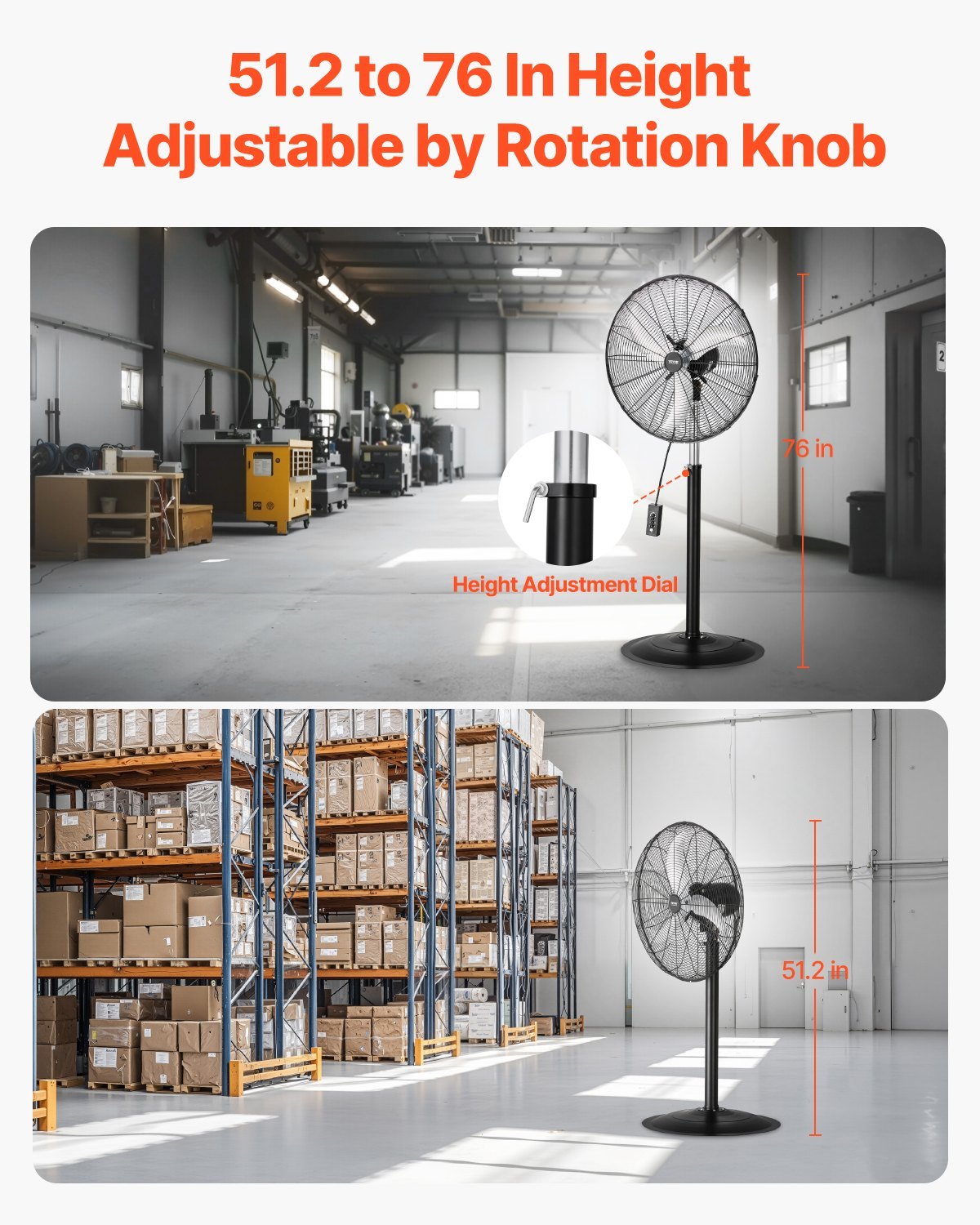 Industrial Pedestal Fan, 24 Inch 85-Degree Oscillating Fan, Height Adjustable Standing Fans With 3 Adjustable Speeds, High Power Fans For Warehouse,Garage,Commercial, Black - Image 5