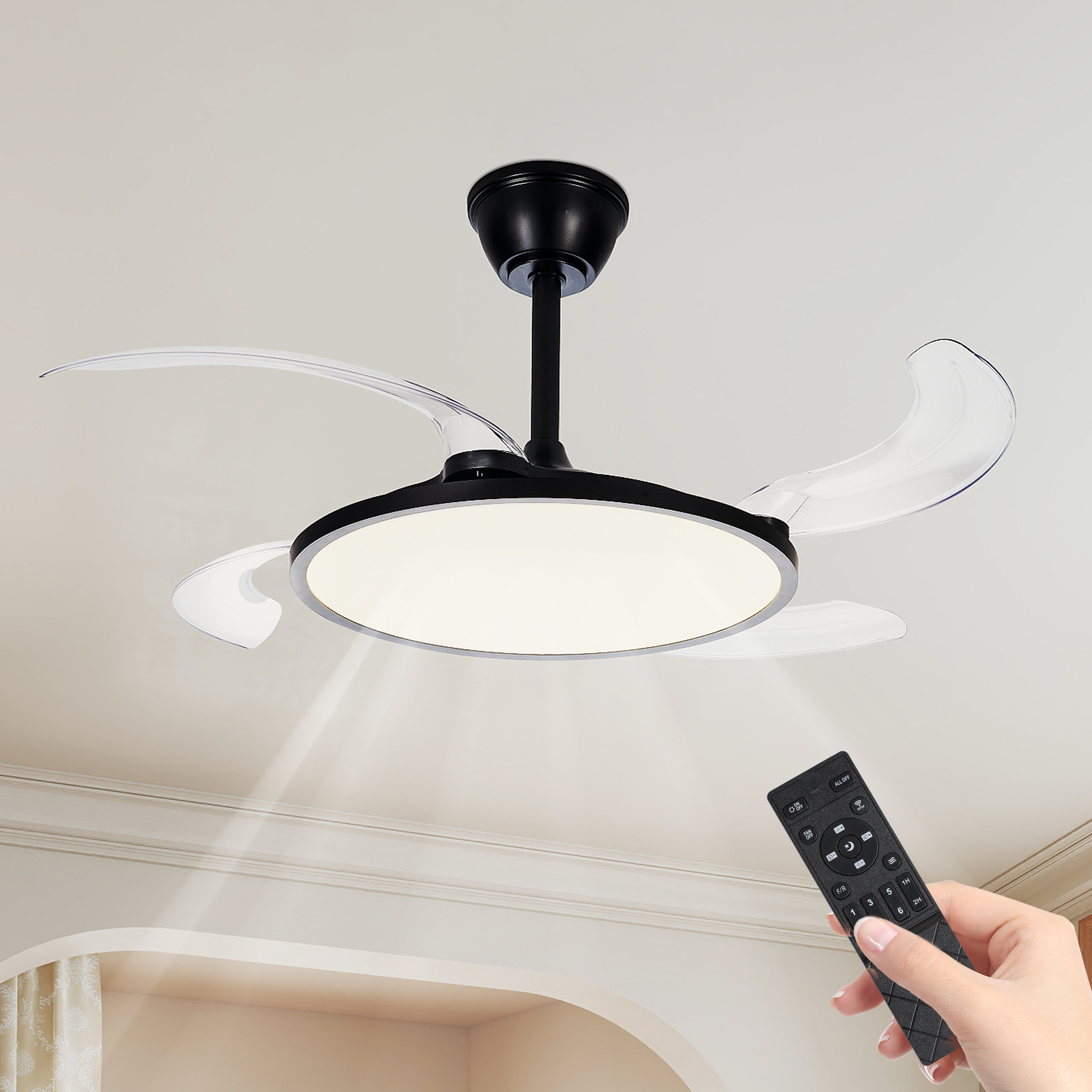 42 Inch Retractable Ceiling Fan,Low Profile Ceiling Fan With Light And Remote,Modern Black Fan With Retractable Blades For Dinning Room Living Room Bedroom,Dimmable,Timer Setting - Image 8