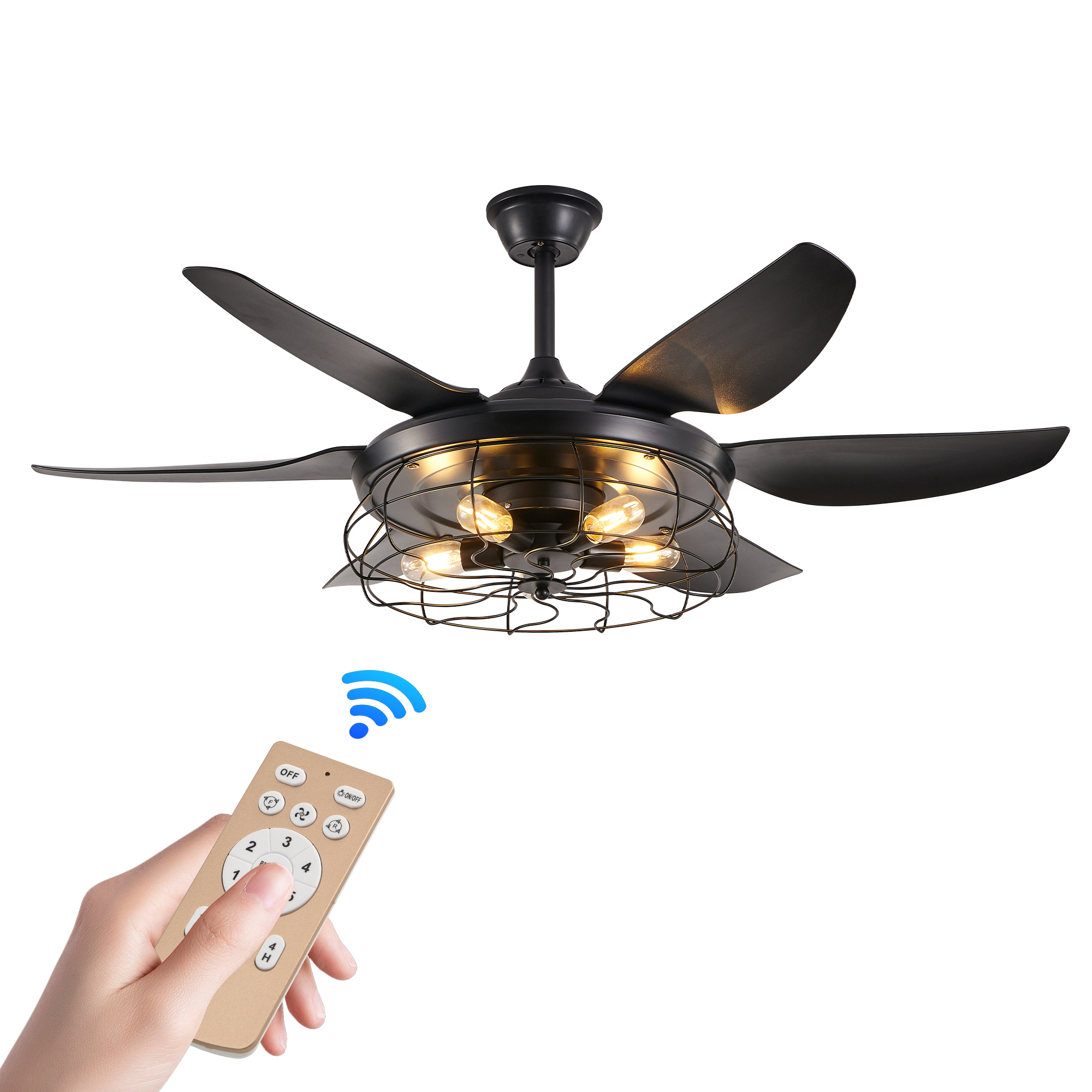 52 Modern Black Ceiling Fan With Light, 6 Fan Blades And Industrial Cage Design, Adjustable Speed For Living Room, Bedroom, Dining Room Silent 6-Speed Reversible DC Motor Bulb Not Included - Image 6