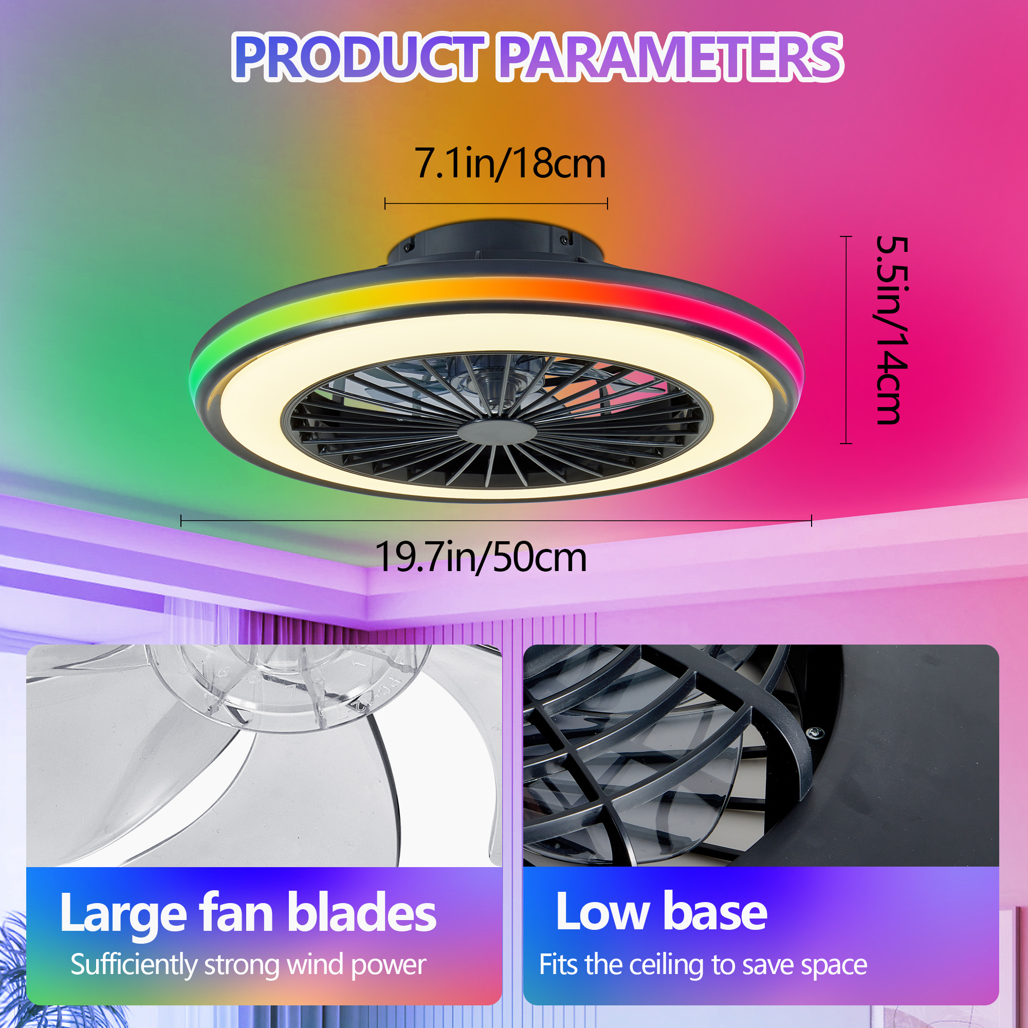Modern LED Ceiling Light With Fan, RGB Ceiling Fan Lights, Infinitely Dimmable Light ForLiving Room, Bedroom, Office, 3000-4500-6000 K Black & 20 & RGB - Image 7