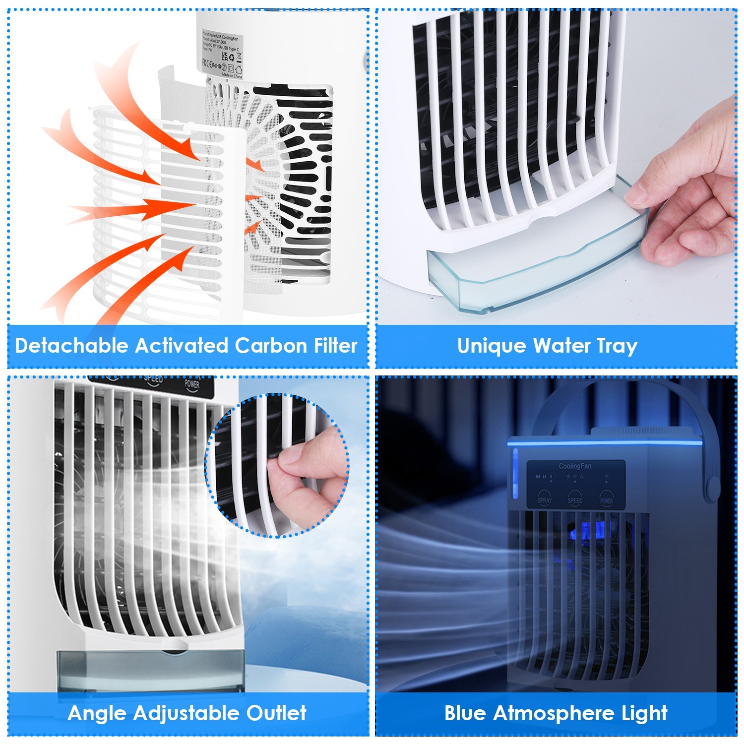 Portable Air Conditioner Fan Evaporative Humidifier 3 Speed Spray Personal Cold Mist Air Cooler Desk Table Fan Water Tank Night Light Adjustable Angel Room Home Office - Image 5