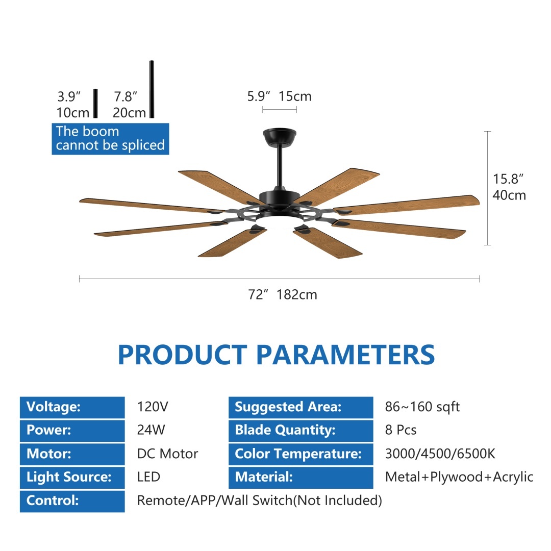 72-Inch 8-Blade Large Ceiling Fan,Reversible Quiet DC Motor,Indoor Outdoor Modern Ceiling Fan,Suitable For Kitchen,Living Room And Terrace,Black. - Image 7