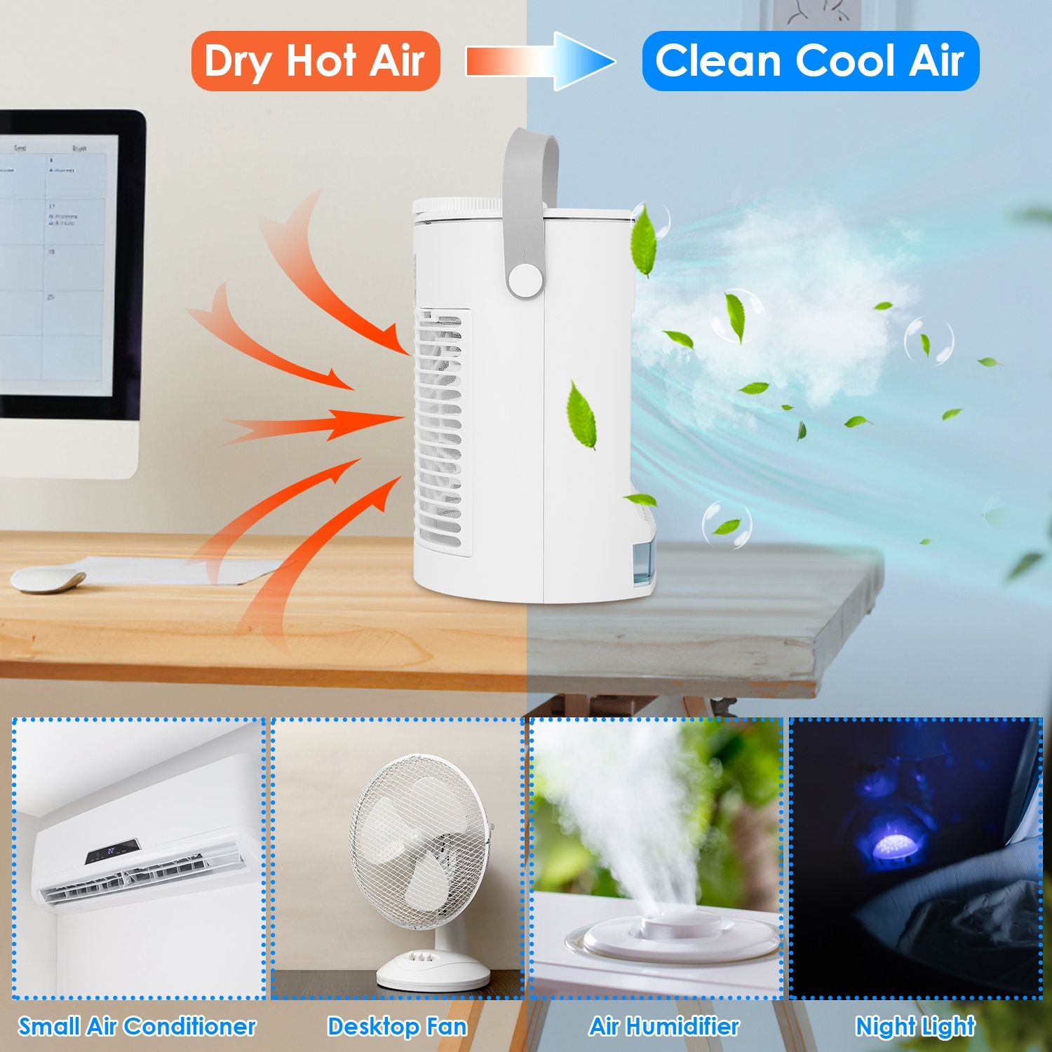 Portable Air Conditioner Fan Evaporative Humidifier 3 Speed Spray Personal Cold Mist Air Cooler Desk Table Fan Water Tank Night Light Adjustable Angel Room Home Office - Image 3