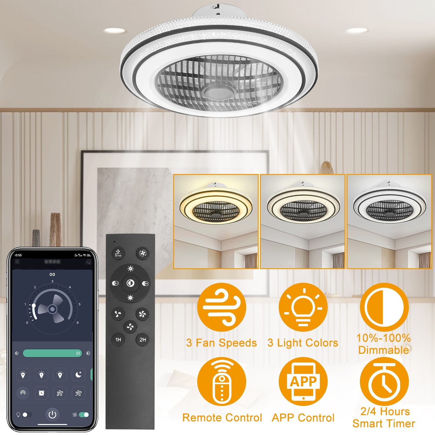 20.5in Ceiling Fan With Light Round Pendant Fan Lamp 30W LED Ceiling Fan With 3-Fan Speed Remote Control Timer APP Control - Image 2
