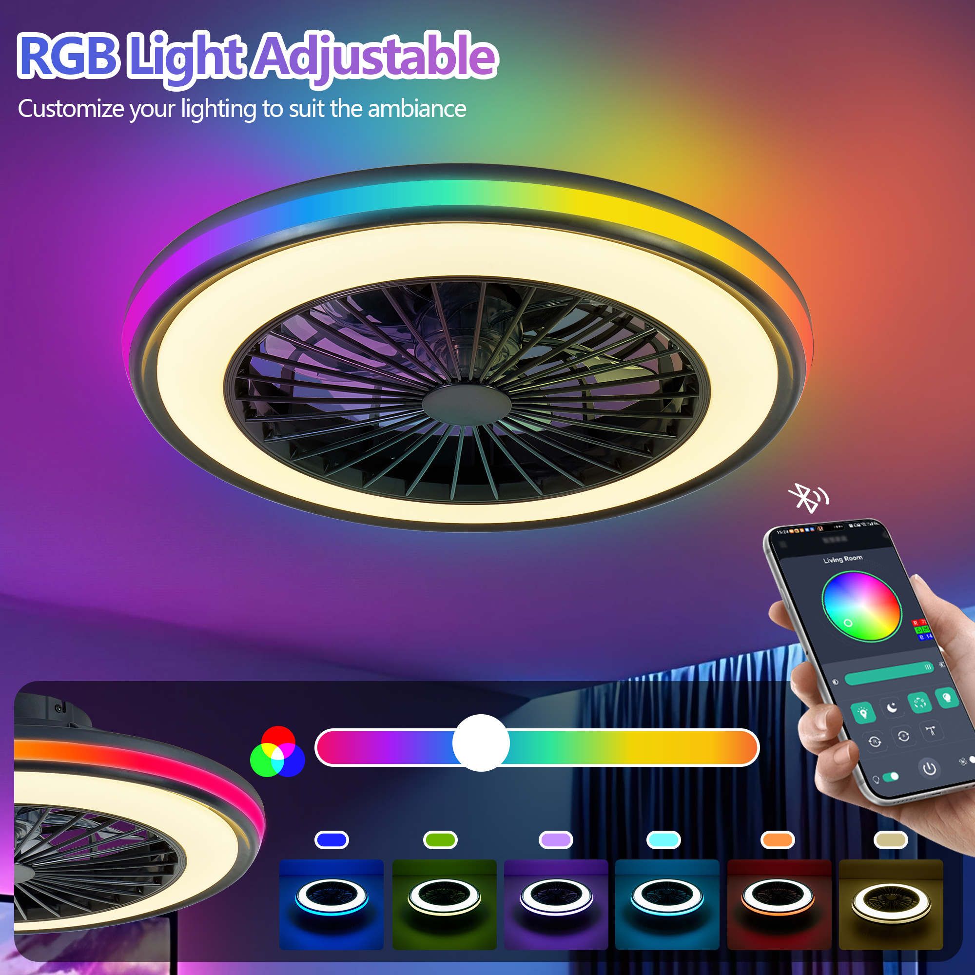 Modern LED Ceiling Light With Fan, RGB Ceiling Fan Lights, Infinitely Dimmable Light ForLiving Room, Bedroom, Office, 3000-4500-6000 K Black & 20 & RGB - Image 3