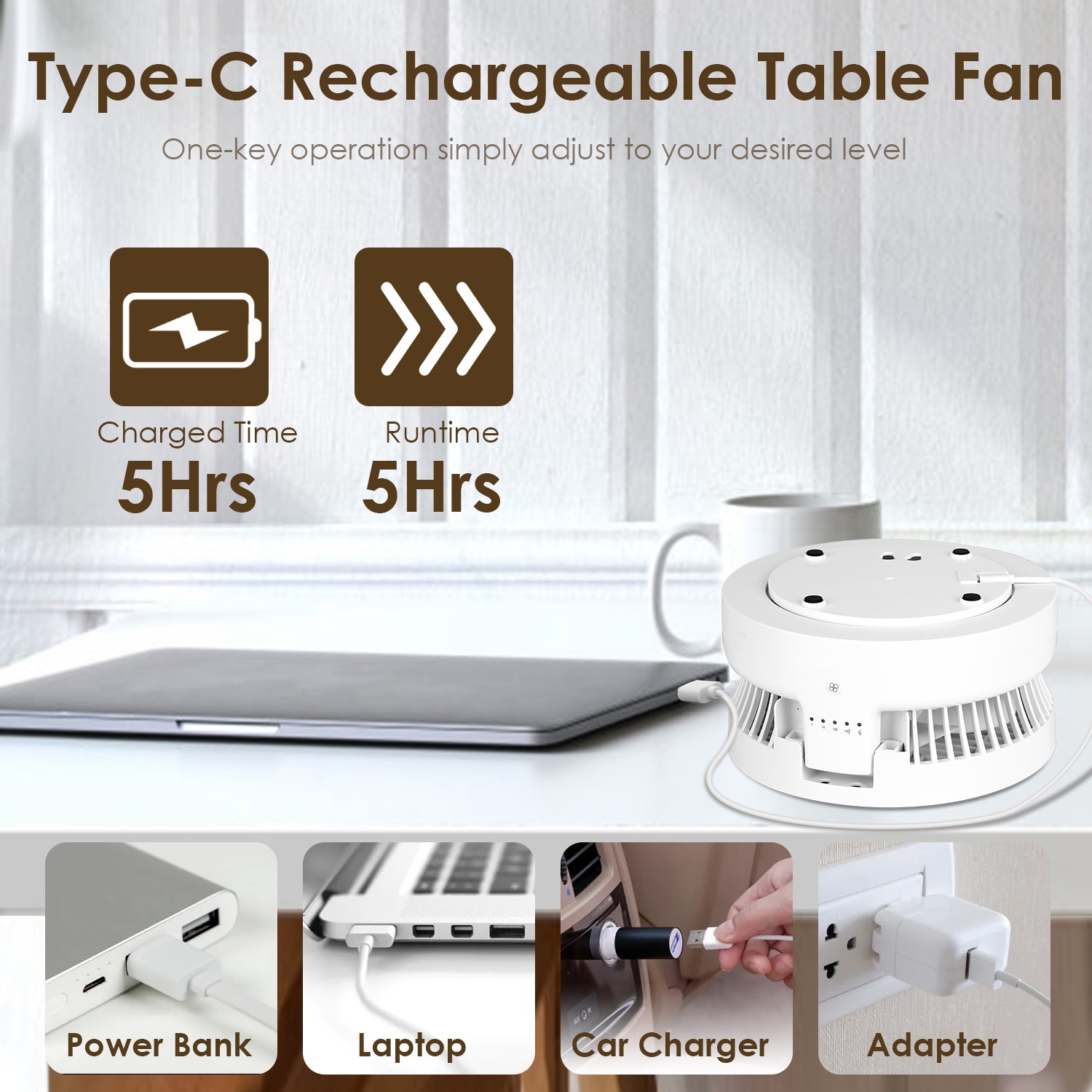 Quiet Table Fan 90 Degree Foldable Desk Fan With 4 Wind Speeds Type-C Rechargeable Wall-Mounted Fan Portable Desktop Fan For Home Bedroom Kitchen Office Outdoor Travel - Image 6