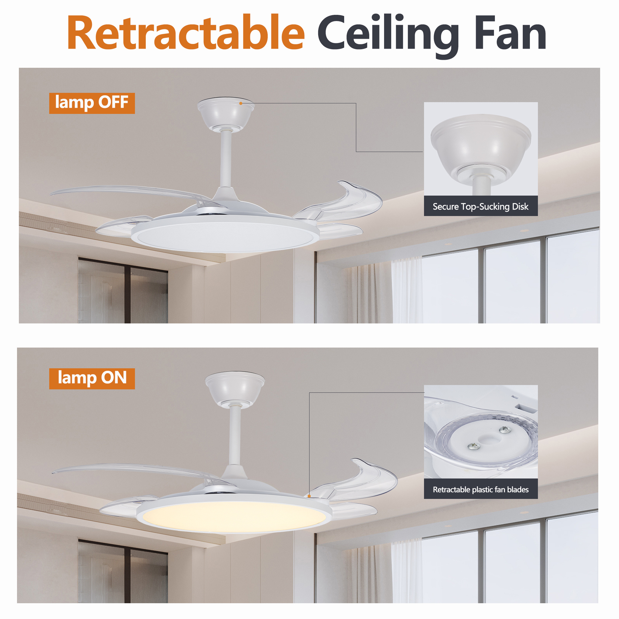 Retractable Ceiling Fans With Lights,42 Inch Ceiling Fan With Light And Remote Control,Flush Mount,DC Reversible,3CCT,Low Noise,White Ceiling Fan For Bedroom,Living Room,Kitchen,Indoor - Image 6