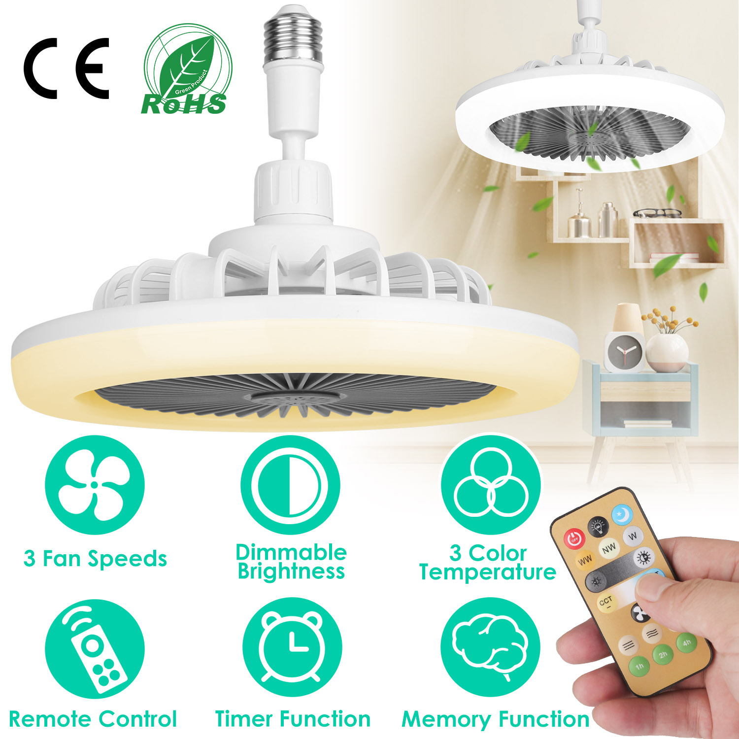 White-Grey Options -- 1Pc Ceiling Fan With Lights Remote Control 9.44in E27 Socket Fanlight With Dimmable Dimming Light Color Brightness 3 Fan Speed Timer Function - Image 4