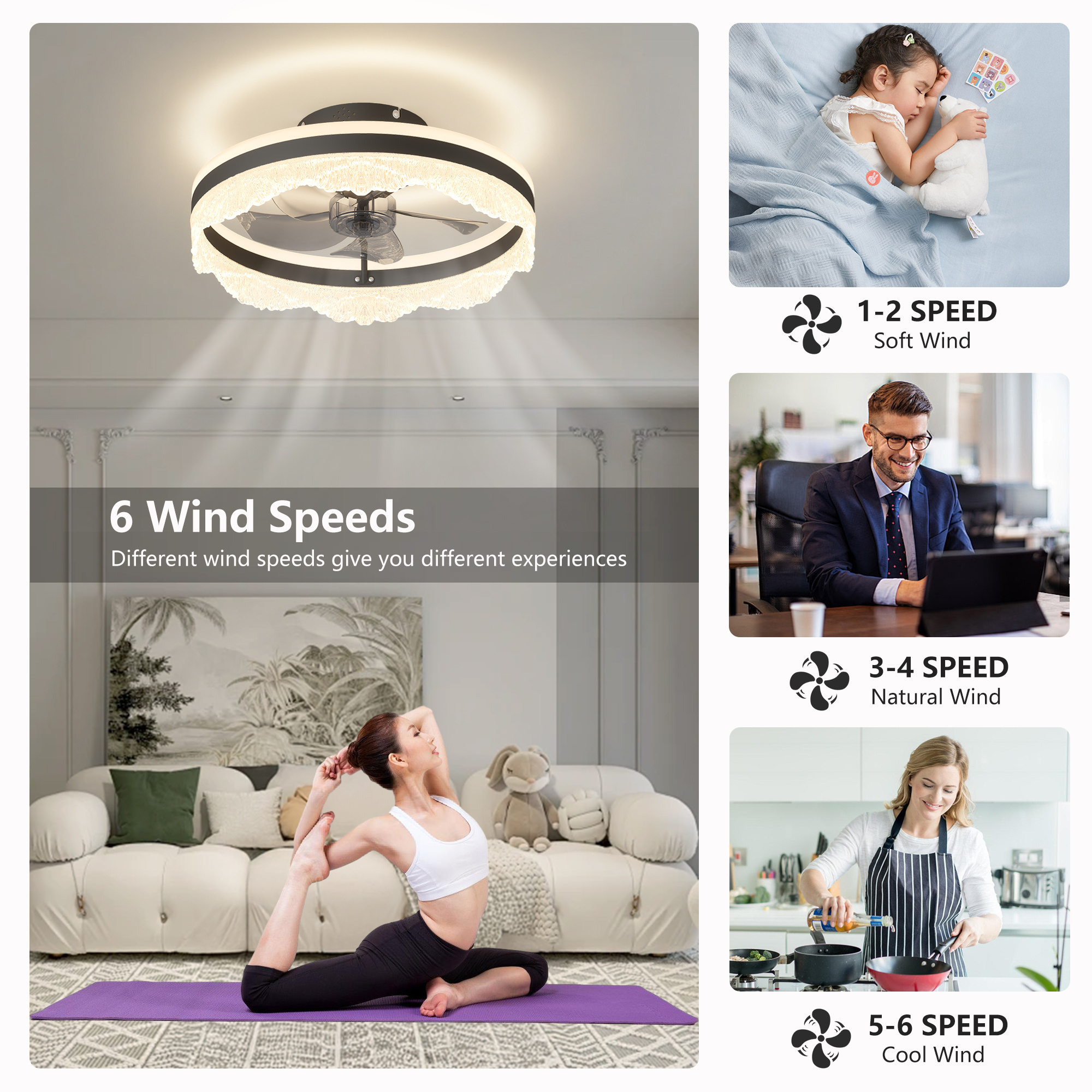 16 Quiet Ceiling Fan With Light LED Crystal Flush Mount Fan Lamp With Hidden Blades And Natural Airflow, Perfect For Bedroom, Kids Room, Study Room - Image 6