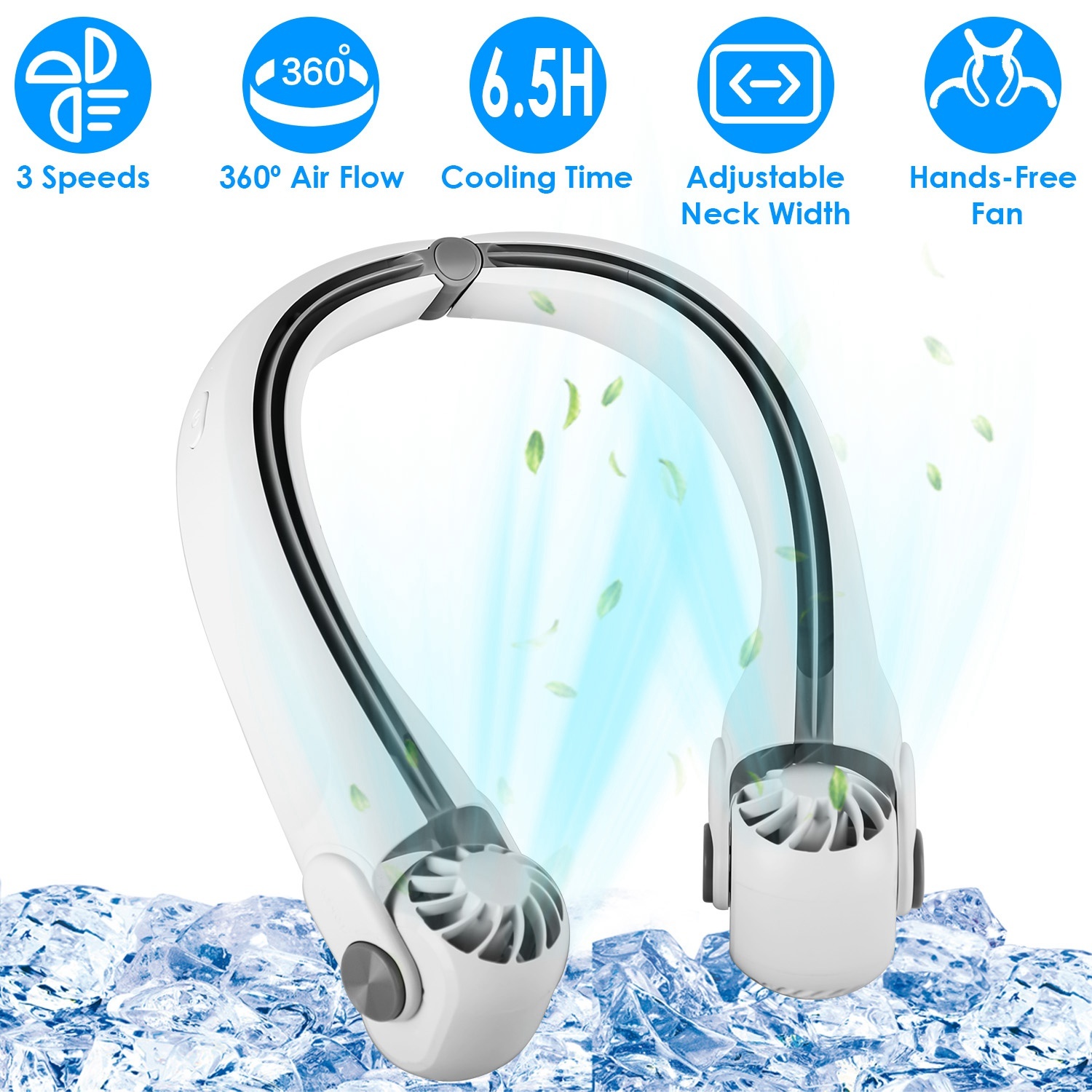 White-Green Options -- 1Pc Portable Neck Hanging Fan Hands-free Cooling Personal Fan With 3 Speeds 360 Degree Air Flow Adjustable Neck Width For Home Office Travel Dormitory - Image 5