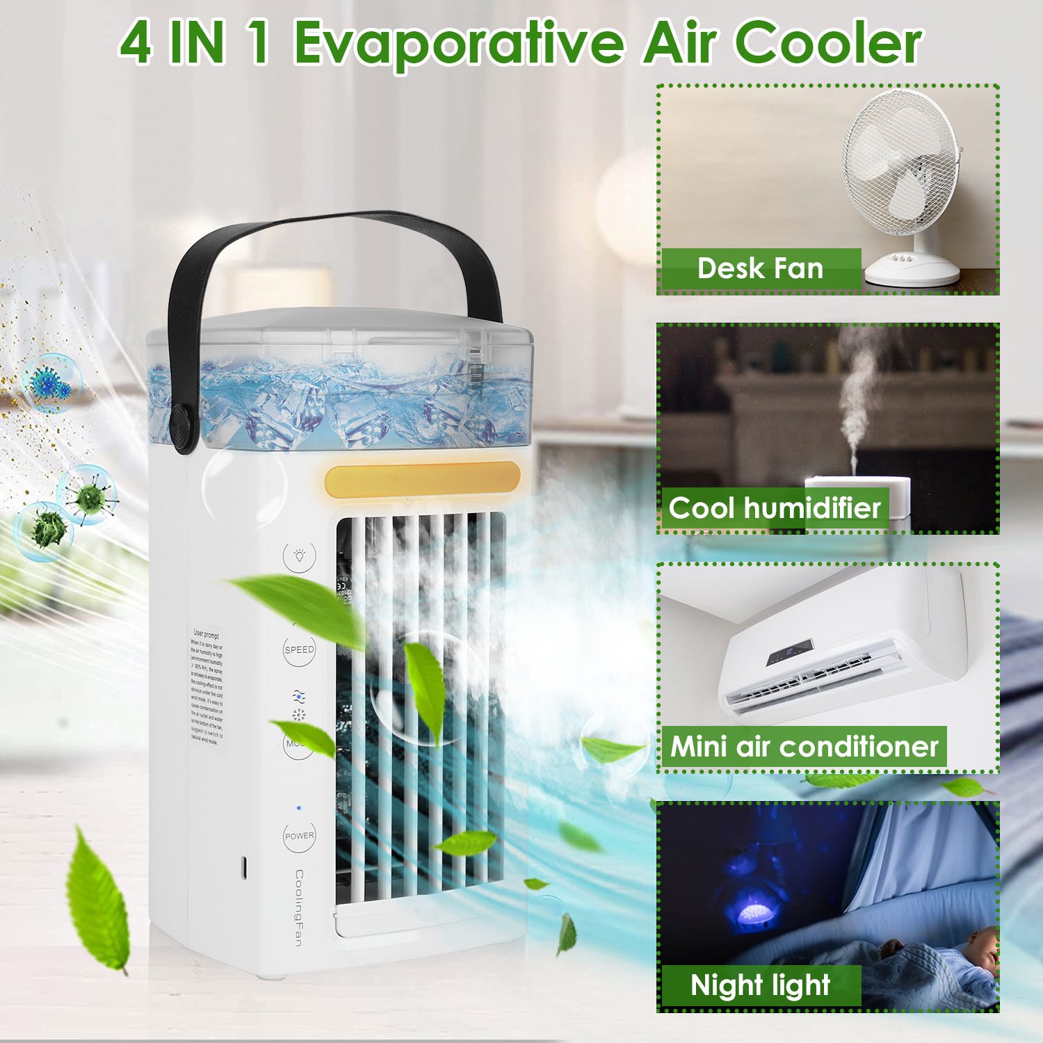 4 In 1 Portable Air Conditioner Fan Evaporative Air Cooler Water Mist Cooling Fan For Desktop 3 Speeds Nightlight - Image 6