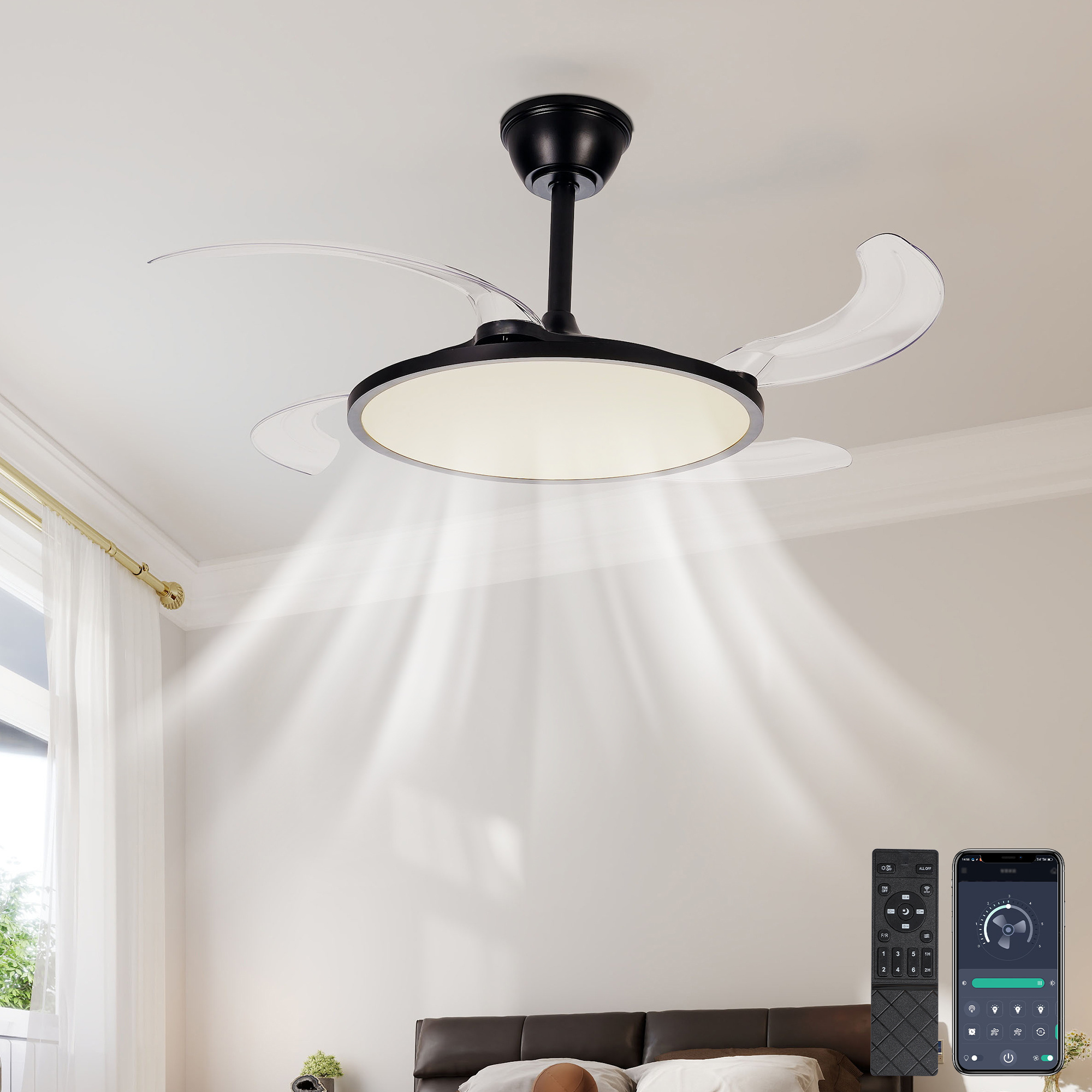 42 Inch Retractable Ceiling Fan,Low Profile Ceiling Fan With Light And Remote,Modern Black Fan With Retractable Blades For Dinning Room Living Room Bedroom,Dimmable,Timer Setting - Image 3