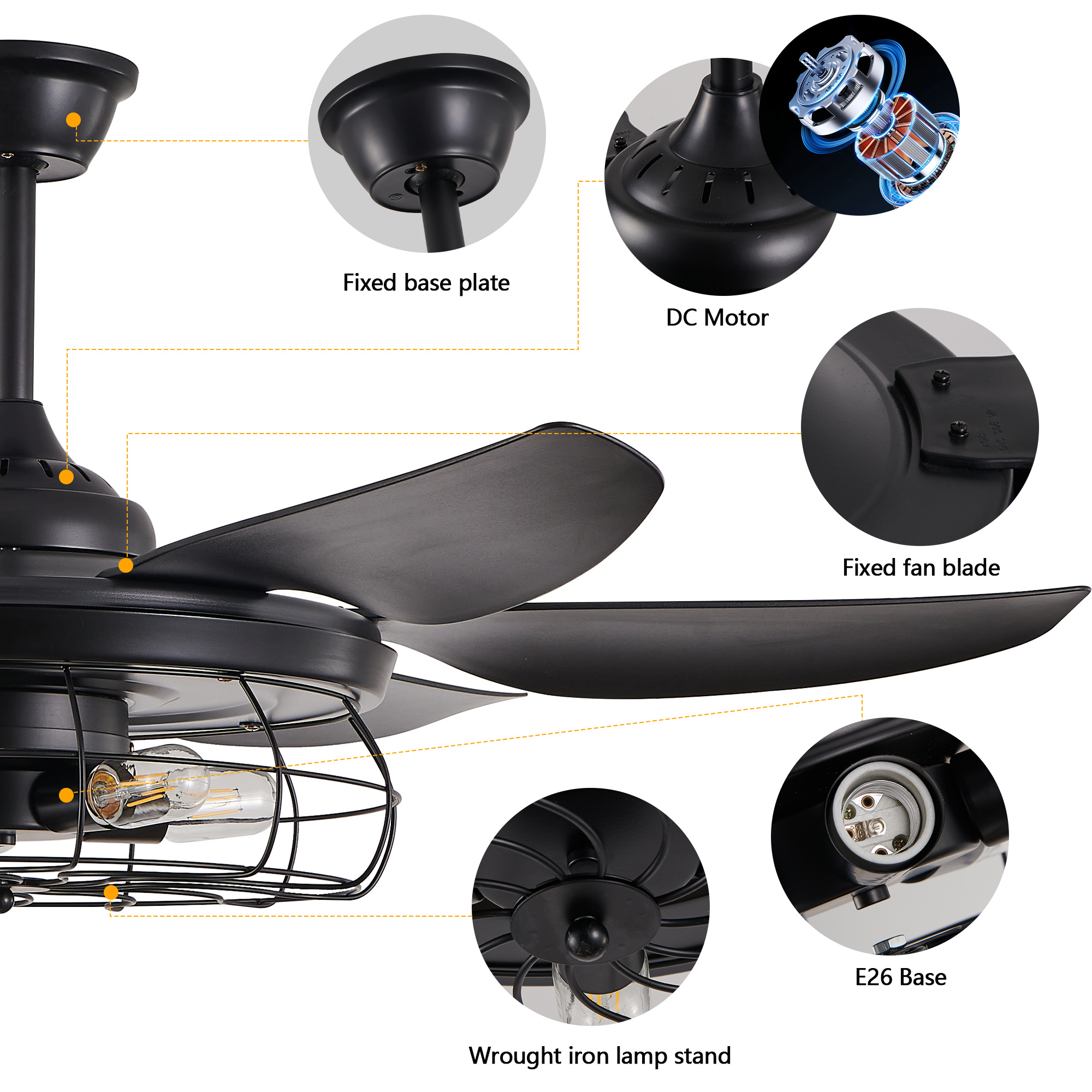 52 Modern Black Ceiling Fan With Light, 6 Fan Blades And Industrial Cage Design, Adjustable Speed For Living Room, Bedroom, Dining Room Silent 6-Speed Reversible DC Motor Bulb Not Included - Image 9