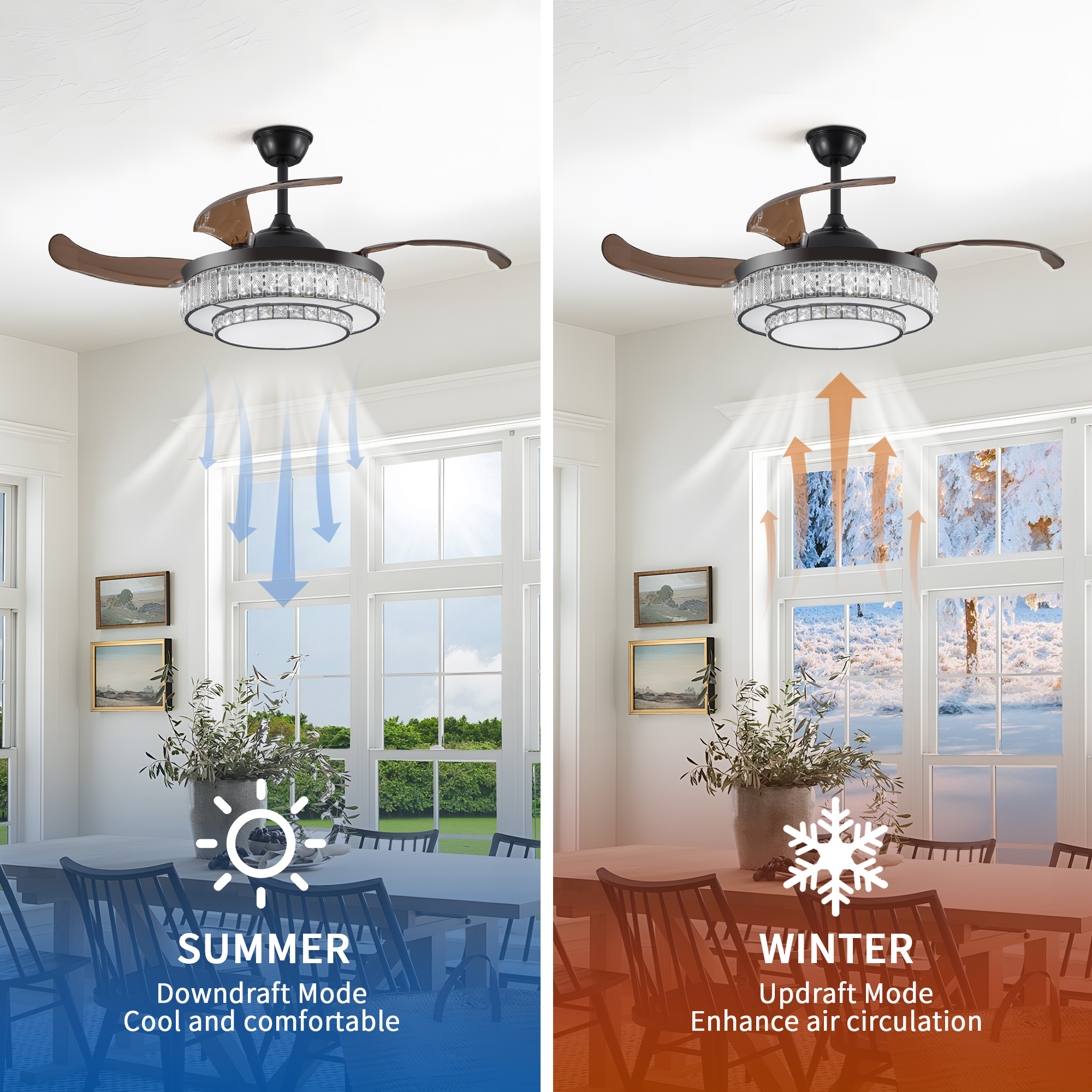 Modern LED retractable ceiling fan with lighting and remote control, silent reversible motor, 4-blade modern ceiling fan - Image 6