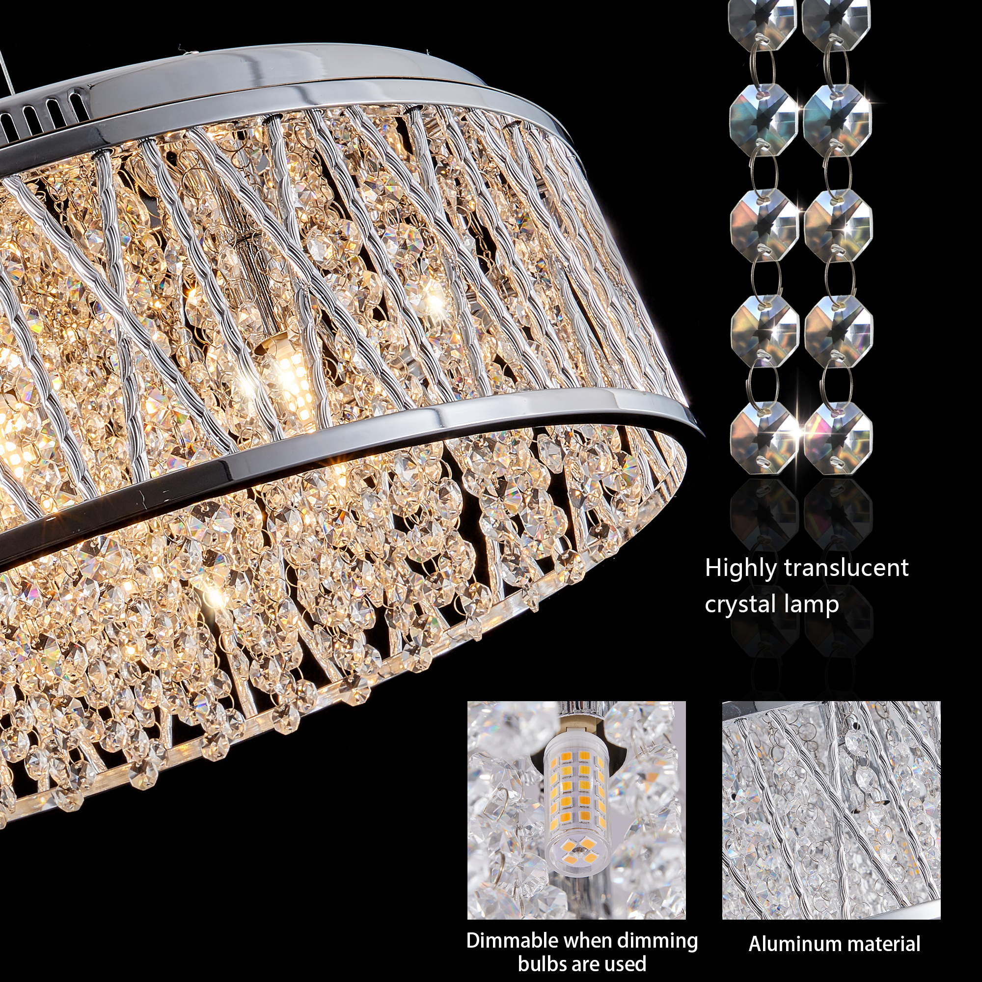 Modern Crystal Pendant 18.9-inch Aluminum+Iron Circular Ceiling Light Embedded Ceiling Fixture - Image 8