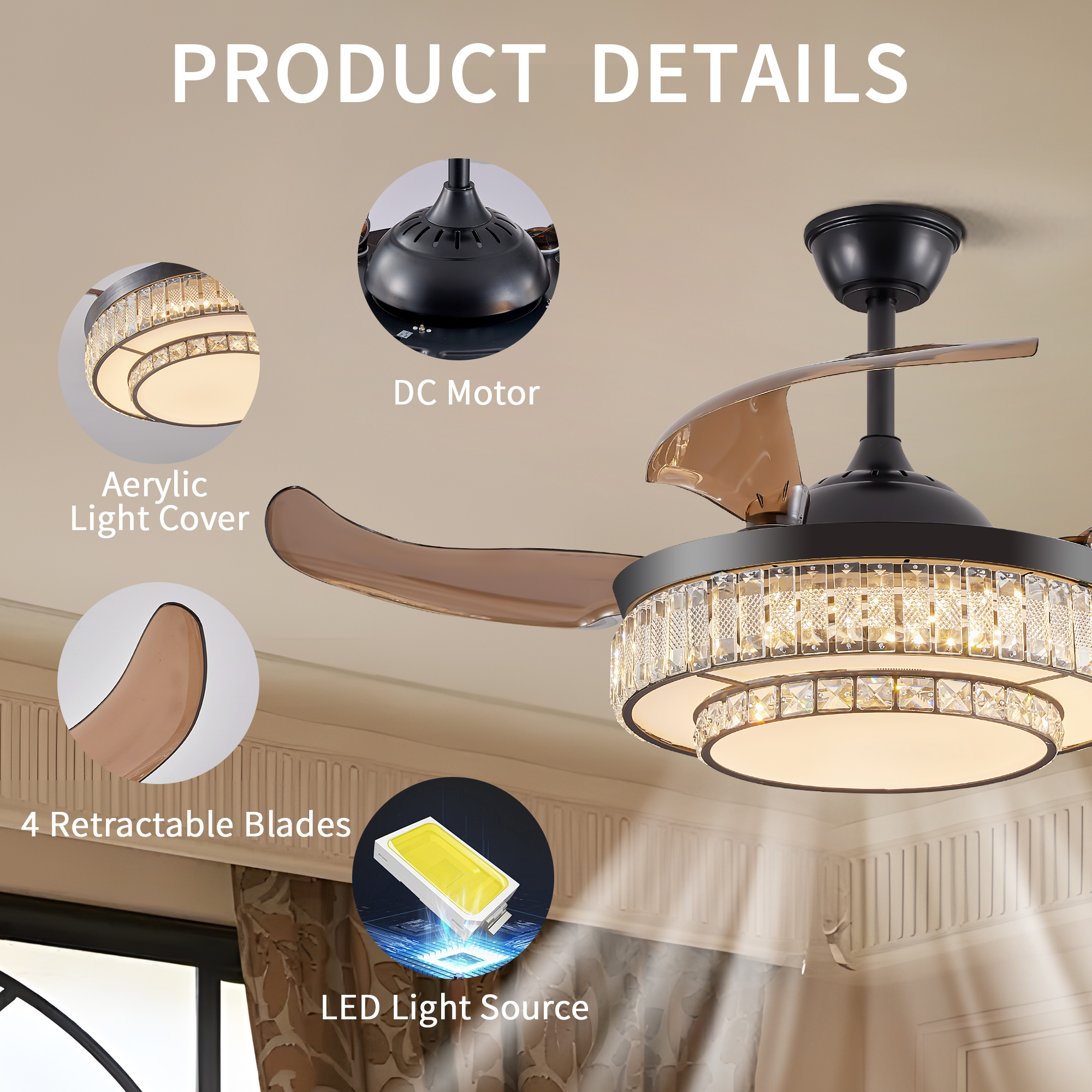Modern LED retractable ceiling fan with lighting and remote control, silent reversible motor, 4-blade modern ceiling fan - Image 10